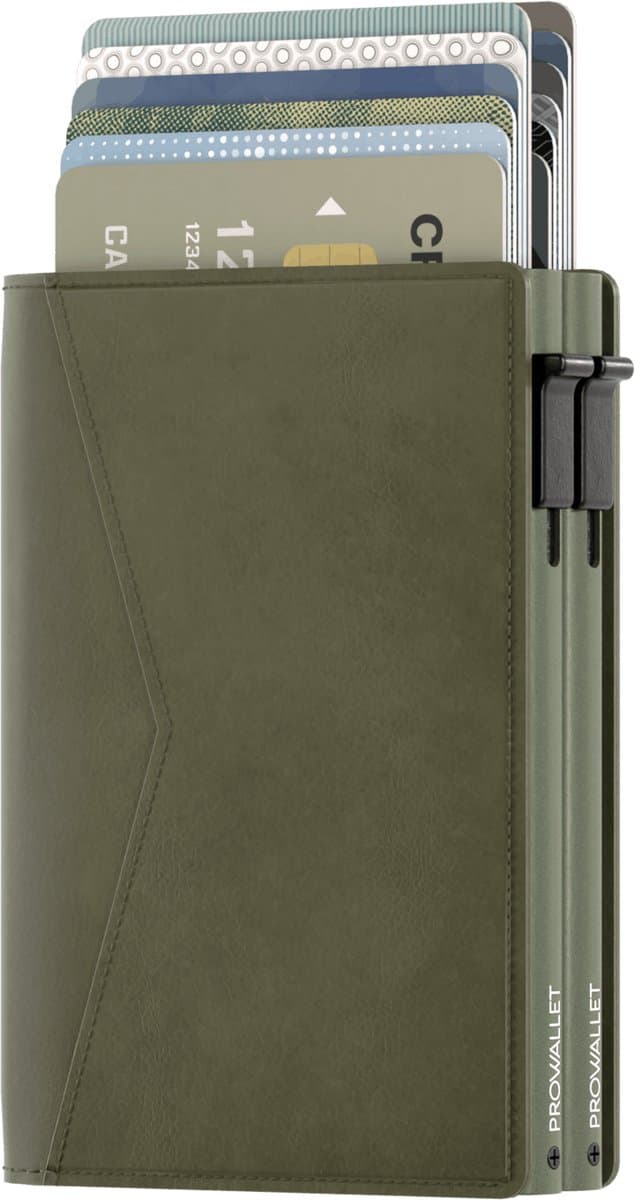 Prowallet Double - Olijfgroen - Pasjeshouder voor 14 Pasjes + Briefgeld - RFID Creditcardhouder - Inclusief Luxe Cadeaubox - Uitschuifbaar - Mannen en Vrouwen Portemonnee met Kaarthouder (EAN: 8721325817273)