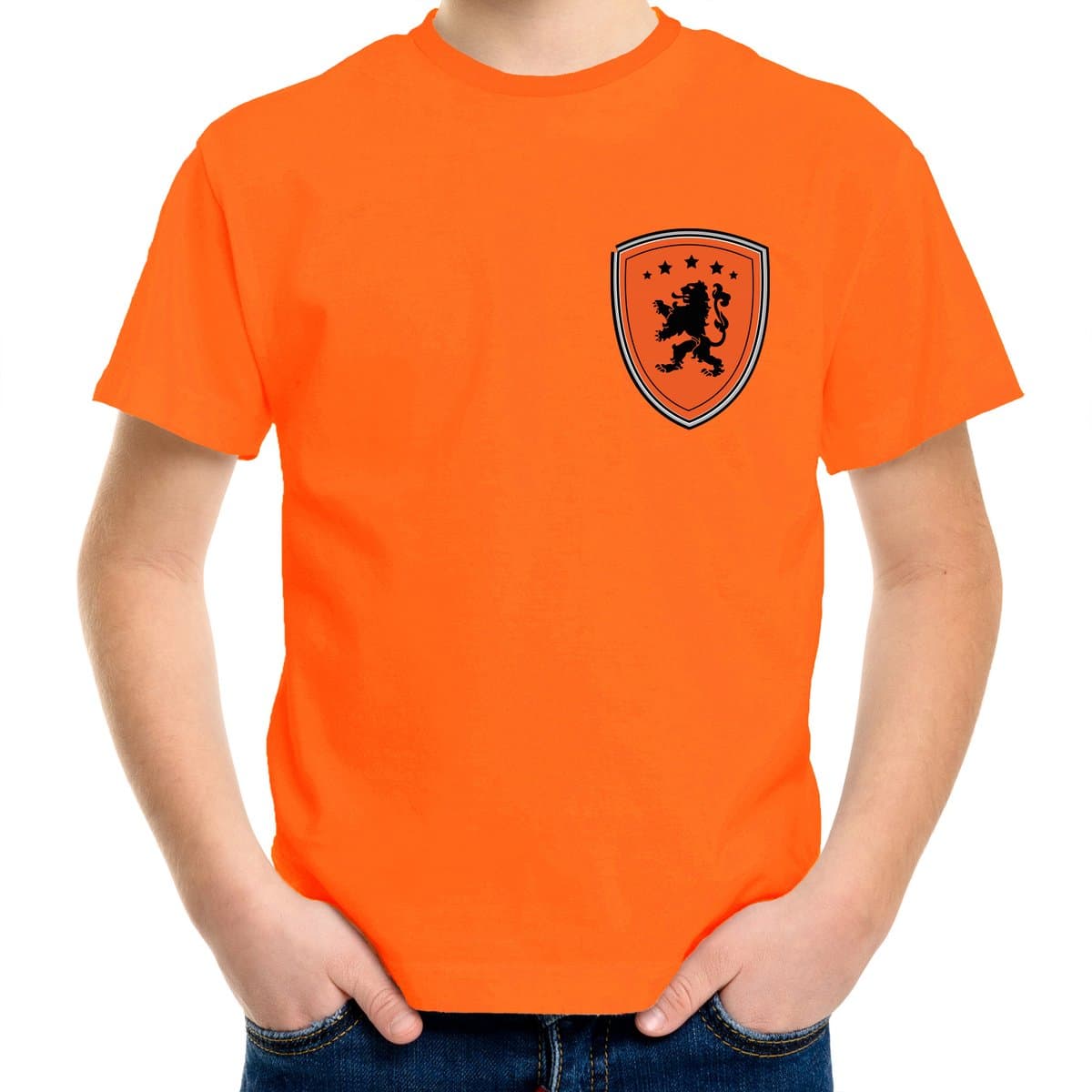 Bellatio Decorations EK / WK Supporters t-shirt - voor kinderen - oranje - schild/Leeuw - Koningsdag 134/140 (EAN: 8721131639984)
