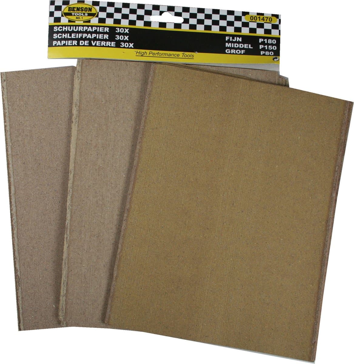 Benson Schuurpapier - 30x stuks - P180 fijn / P150 middel / P80 grof - 20 x 25 cm (EAN: 8717729119532): Wat zit er in de verpakking