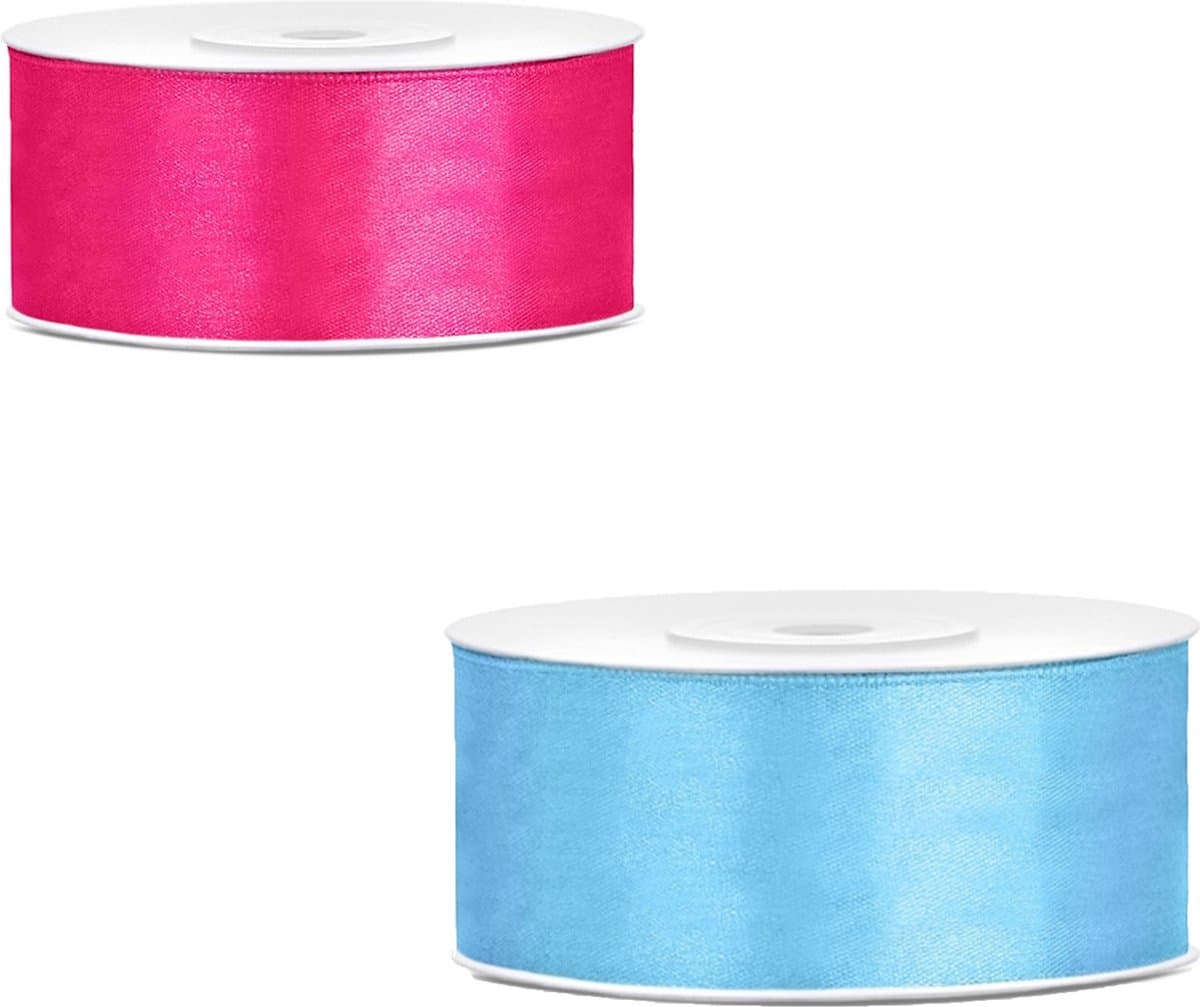 Bellatio decorations 2x rollen satijn cadeaulint/sierlint - 2.5 cm x 25 meter - roze en lichtblauw - Luxe linten (EAN: 8721131283453)