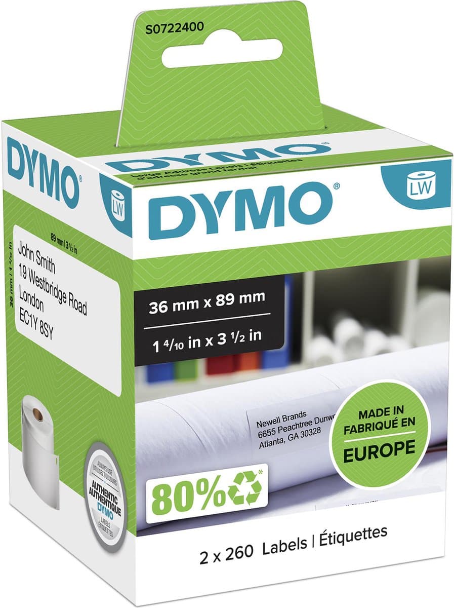 DYMO originele grote LabelWriter adreslabels | 36 mm x 89 mm | 2 rollen met elk 260 labels (520 zelfklevende etiketten) | Geschikt voor de LabelWriter labelprinters | Gemaakt in Europa (EAN: 5411313990127): Waarom deze labels een game‑changer zijn