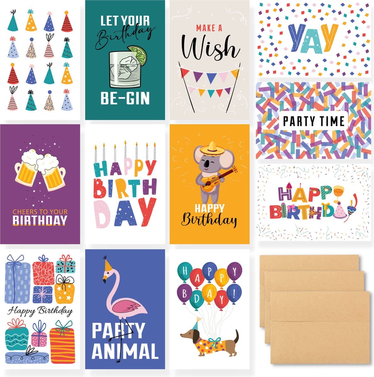 Partizzle 36x Verjaardagskaarten met Envelop Set - Leuke Verjaardag Kaarten - Ansichtkaarten Versturen - Mannen Vrouwen - Kinderen en Volwassenen - 15x10 cm (EAN: 8720618046857)