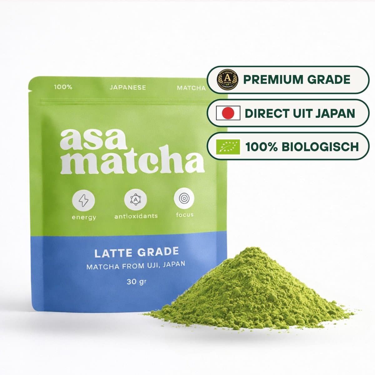 ASA Matcha® Premium grade - Uji, Japan – Premium Japanse Matcha voor Latte – Zacht & Romig – 30 gram - 100% Biologisch (EAN: 7867609398593)