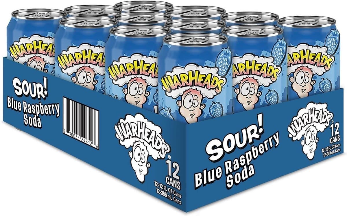 Warheads Blue Raspberry Soda 12-pack – Zure Frisdrank Blikjes 355 ml – Amerikaanse Soda – Sour Candy Drink (EAN: 8719033160491)