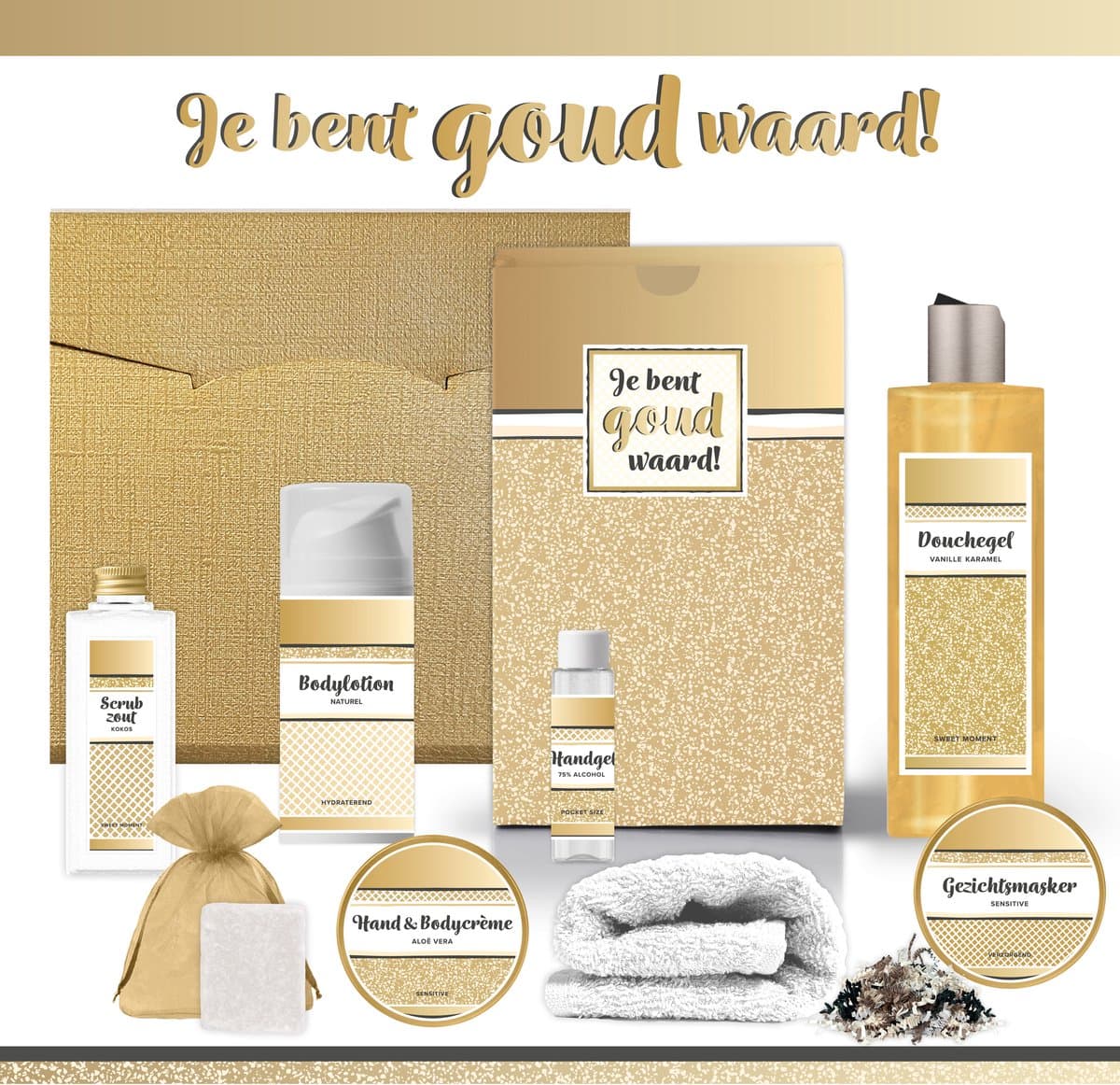 Geschenkset “Je bent goud waard!” - 8 producten - 800 gram | Cadeau Vrouw - Wellness Pakket Vrouw - Giftset Vriendin - Moeder - Cadeaupakket Collega - Cadeau Zus - Verjaardag Oma - Moederdag - Kerstpakket - Kerst Cadeau - Goud (EAN: 8720872064895)