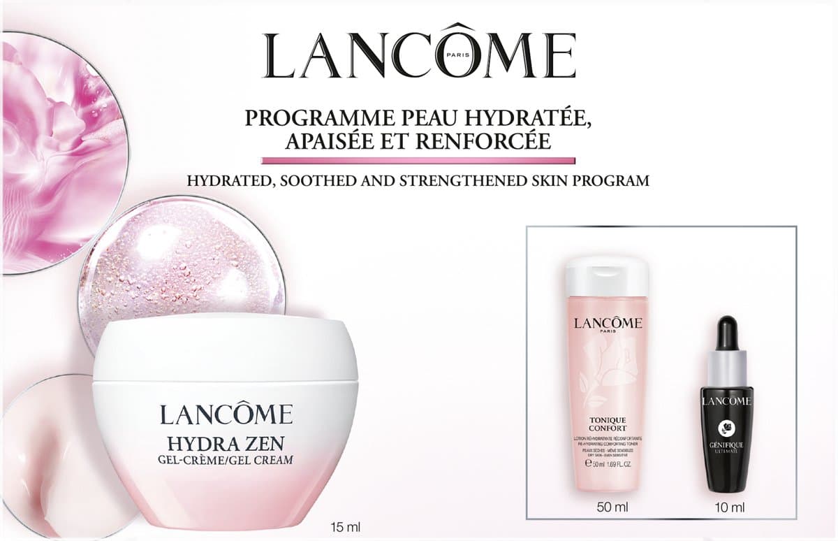 Lancôme Hydra Zen Hydraterende Skincare Routine Geschenkset: Hydra Zen Gel Cream Dagcreme 15ml + Tonique Confort Reinigingstonic 50ml + Génifique Ultimate Serum 10ml - Hydratatie Cadeaupakket 3 Stuks (EAN: 3614274426519)