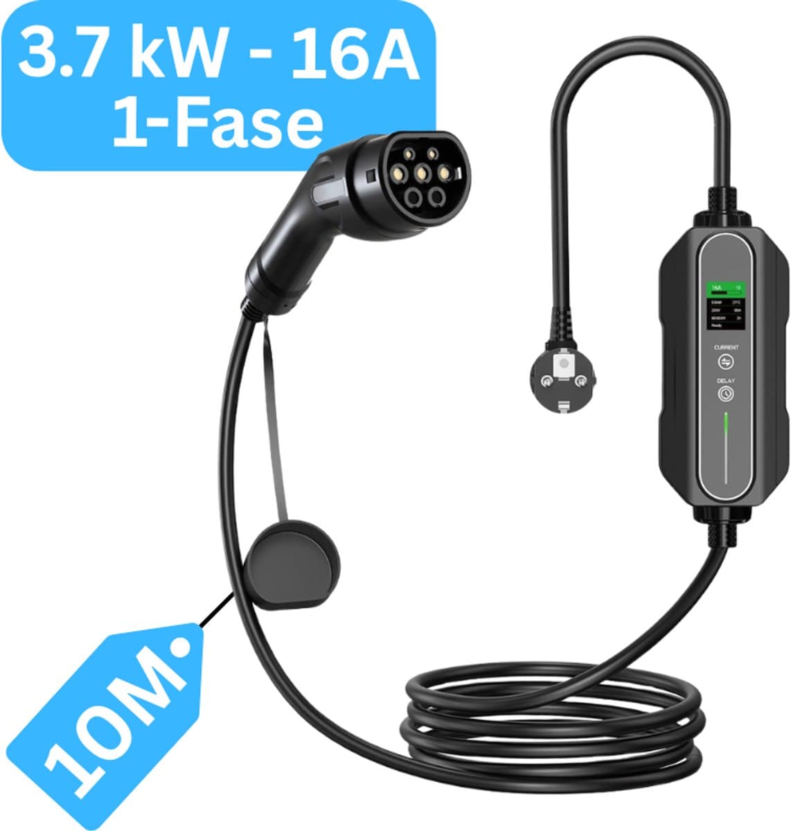 Mobiele Thuislader type 2 vanaf stopcontact - 10 meter - 3,7 kW - IP67 Waterdicht - 6A/8A/10A/13A/16A - 1 Fase - TPU kabel - Uitgesteld laden functie / Timer functie / Memory functie | 2 jaar garantie | Mobiele lader type 2 naar schuko (EAN: 87211...