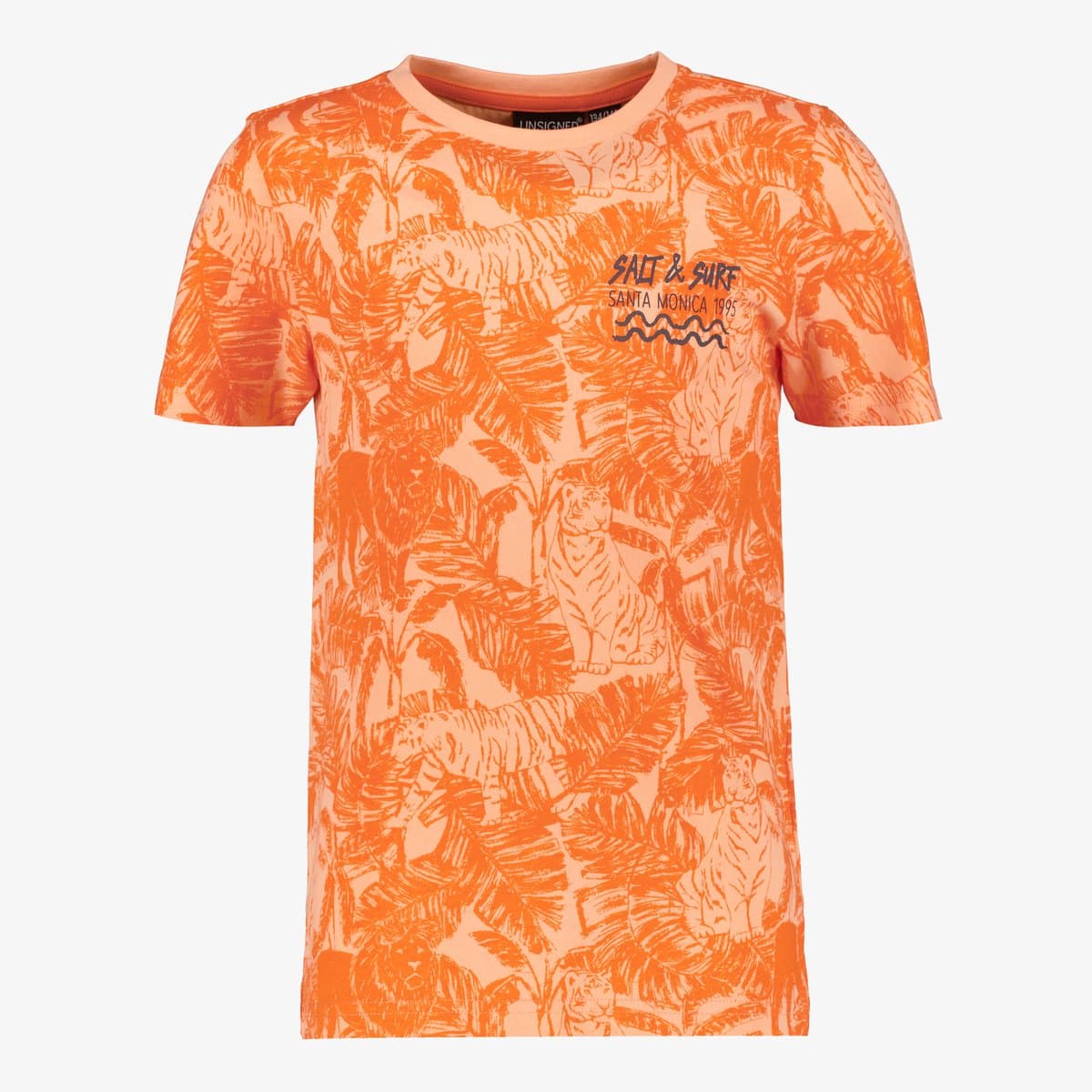 Unsigned jongens T-shirt met jungle print oranje - Maat 110/116 (EAN: 8721175409642): **Jungle vibes en een knipoog naar de jungle van het leven**