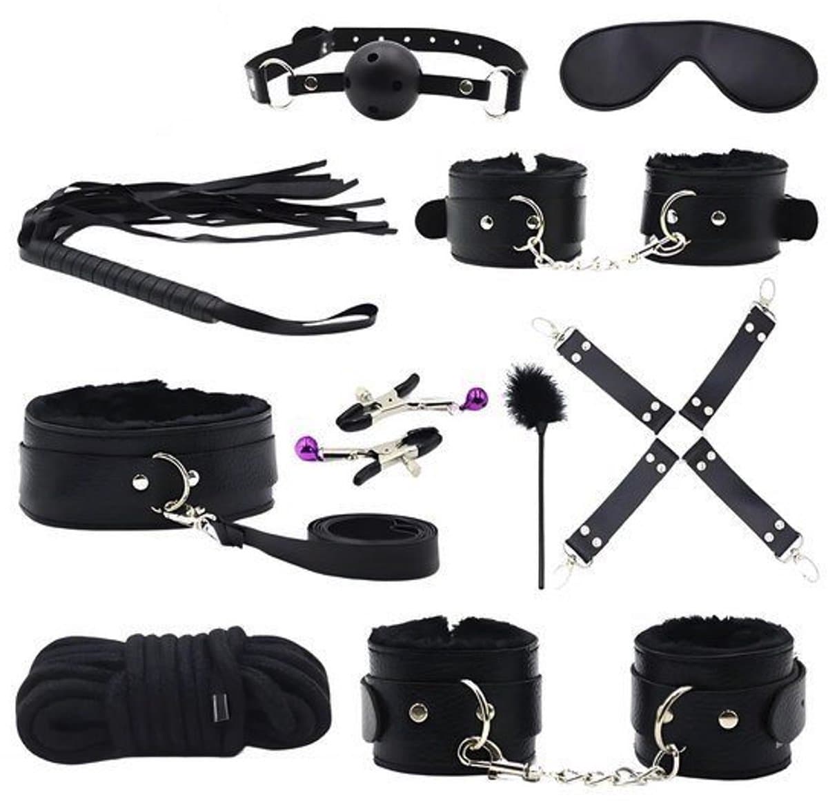 BDSM Set - 10 Delig - Gag Ball & Zweep - Seksspeeltjes - Handboeien - Zwart (EAN: 5407011398136)