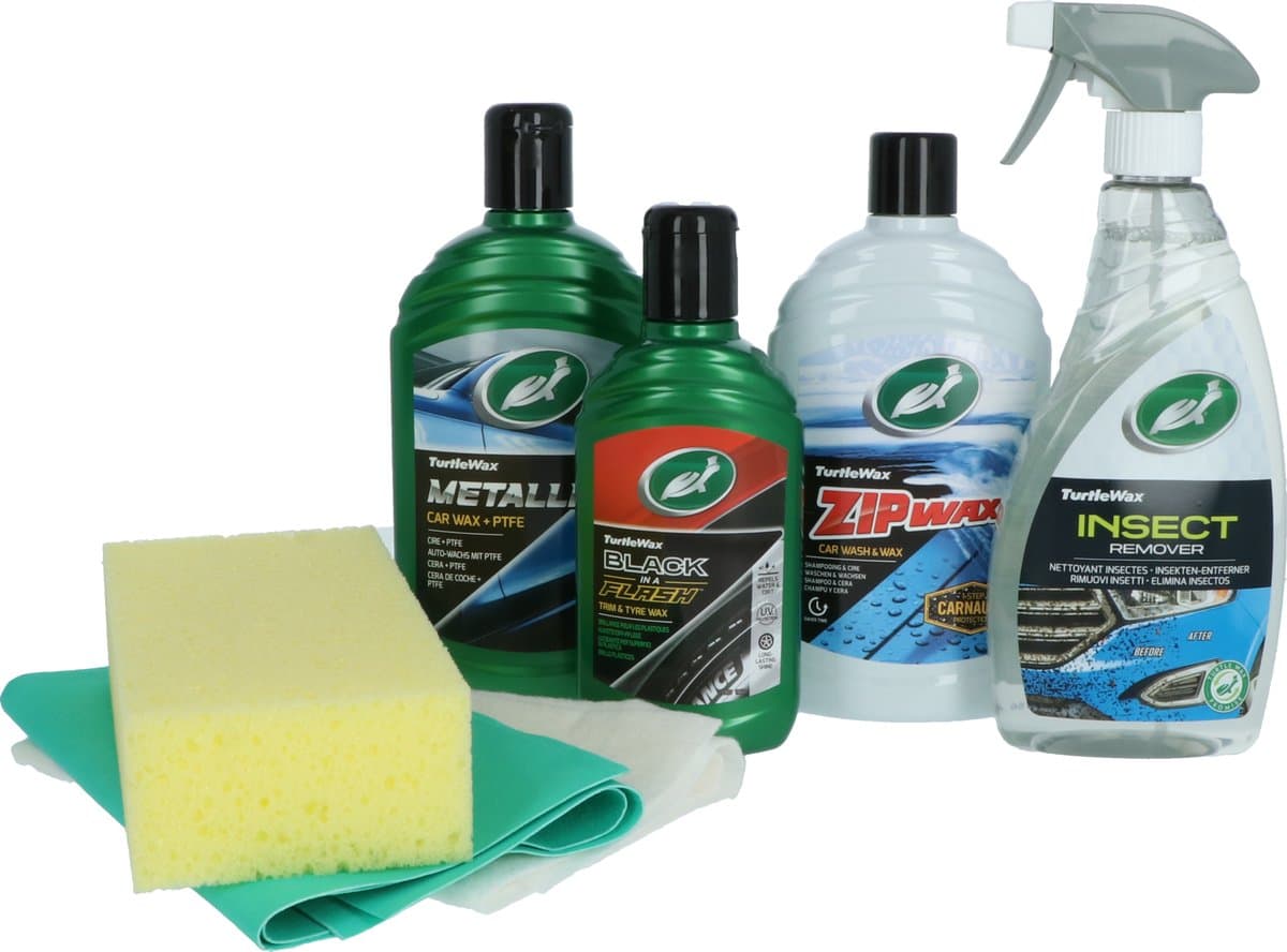 Turtle Wax Car care set Poetsemmer - 7 Delige set - Inhoud: Metallic Wax - Black in a Flash - Insecten & teerverwijderaar - Shampoo Zip Wax - Spons - Synthetische Zeem - Katoenen poetsdoek – In handige emmer (EAN: 8711293390007): 🧽 **Wat zit er in...