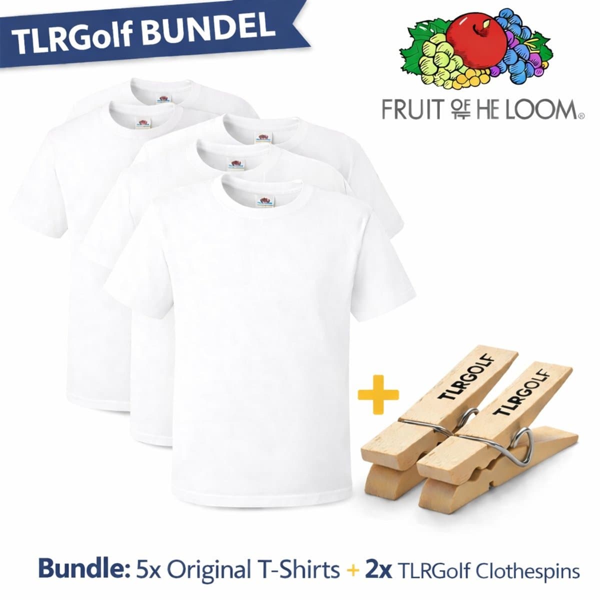 5 Pack Fruit of the Loom Original Heren T-Shirt 100% Katoen Ronde hals - Maat XL (WIT) Inclusief 2 TLRGolf Wasknijpers (EAN: 8721154970231)