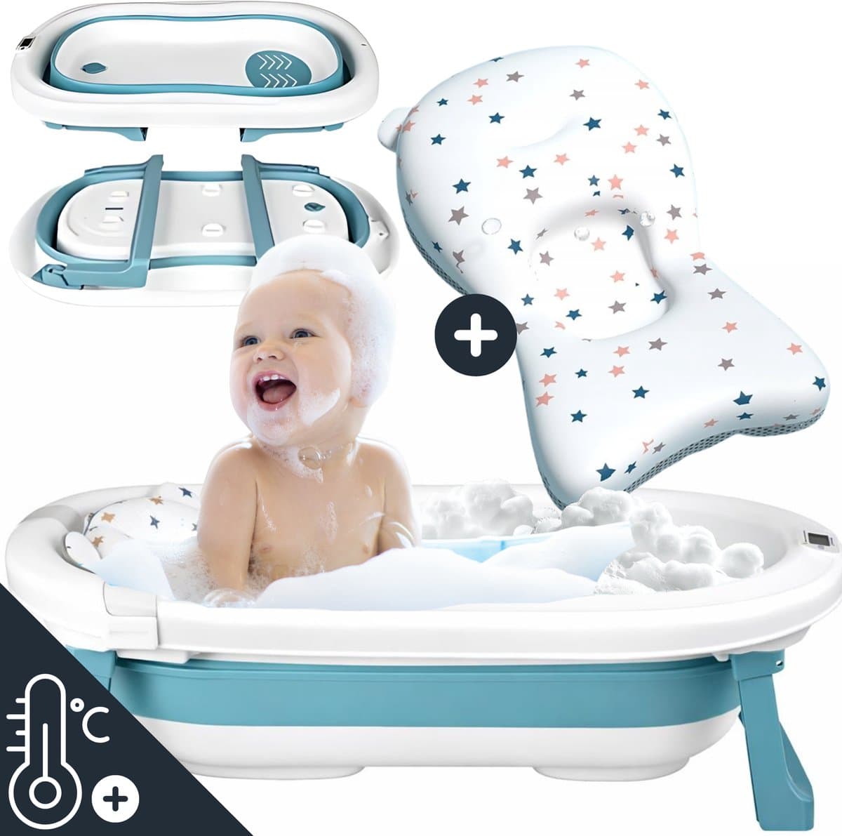 Maomi™ Opvouwbaar Babybad met Thermometer & Badkussen - 84CM - Peuterbadje - Babybadje- Babyspullen - Babybadje met standaard - baby bad - Kinderbadje - Babyspullen - Baby bad set (EAN: 8721398920245): Eén bad, duizend mogelijkheden