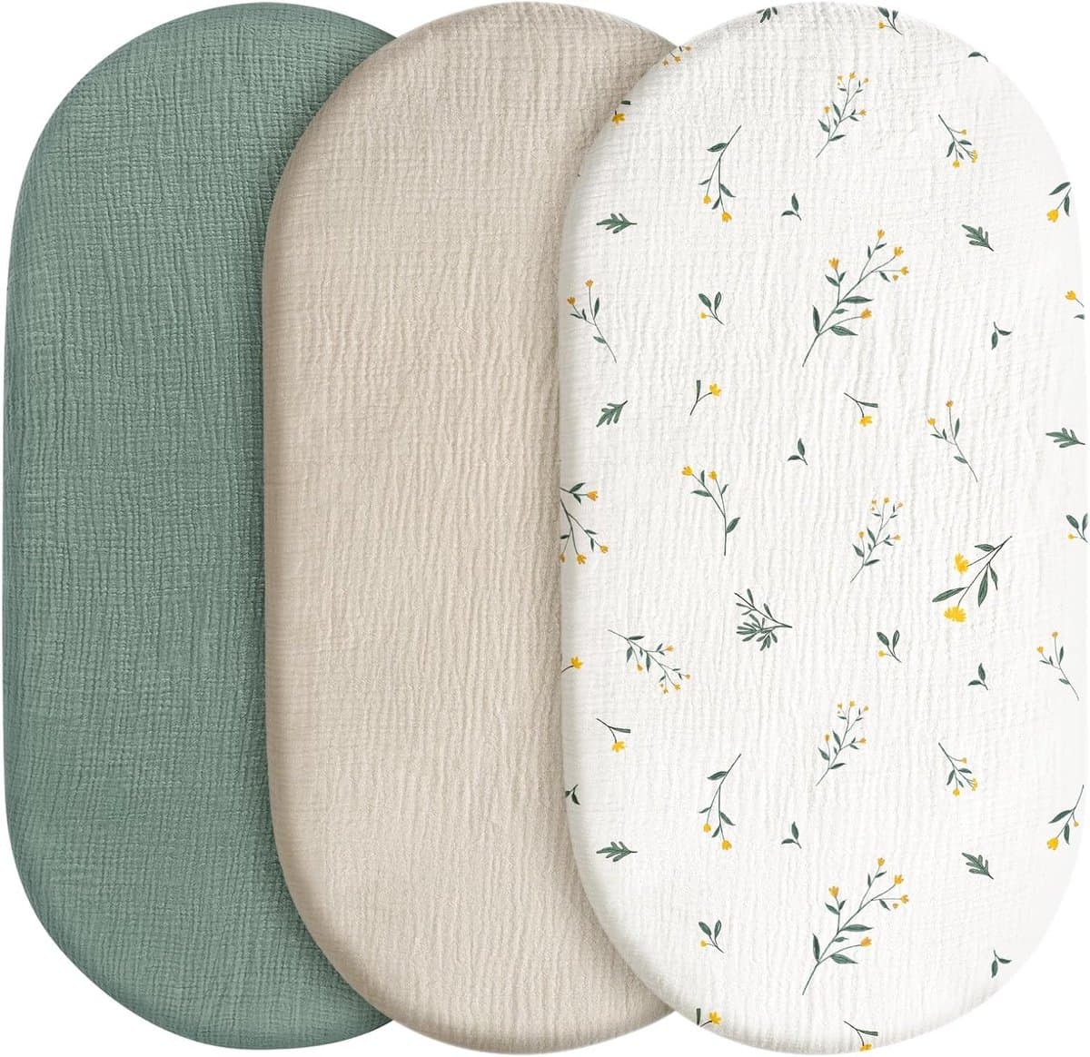 Hydrofiele Baby Hoeslaken Wieg - Hoes voor babymatras - set van 3 - 80x40 cm - mousseline wieglaken - wieghoes - kinderwagen matrashoes - Crème Bloemetjes (EAN: 9318528280769)