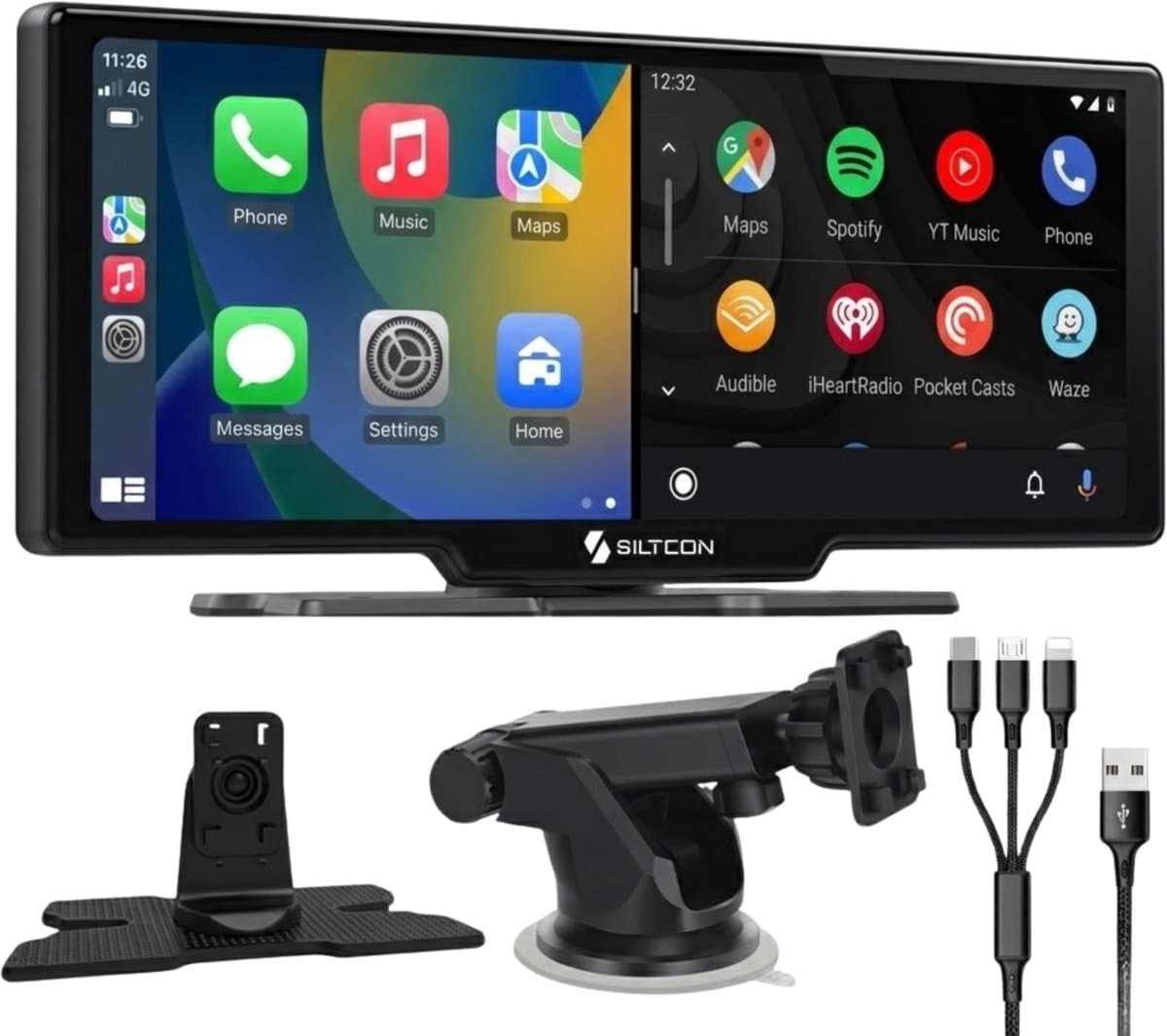 Siltcon® Geschikt voor CarPlay Scherm 10.26 Inch – Geschikt voor Android Auto Scherm – Draadloos - Navigatiesysteem Auto – Auto Scherm – Universeel – Touchscreen - Incl. Telefoonladers (EAN: 8721398747019)