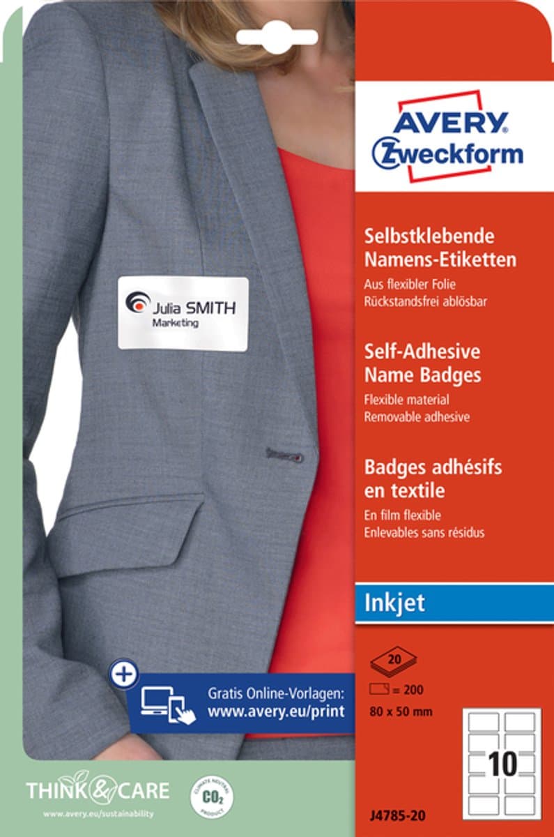 AVERY naambadge etiketten – 50 x 80 mm – wit – 20 vellen – 10 per vel – PVC-vrij folie (EAN: 4004182063538)