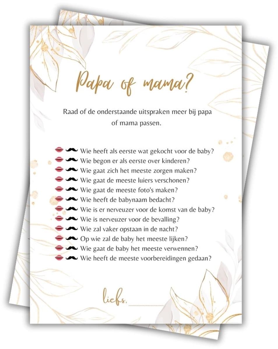 Babyshower Invulkaart 'Papa of Mama' - 20 stuks - Babyshower Spelletjes - Babyshower Kaarten - Gender Reveal - Gender Reveal Spelletjes - A6 Formaat - Gold Flower Collectie (EAN: 8721161817895)