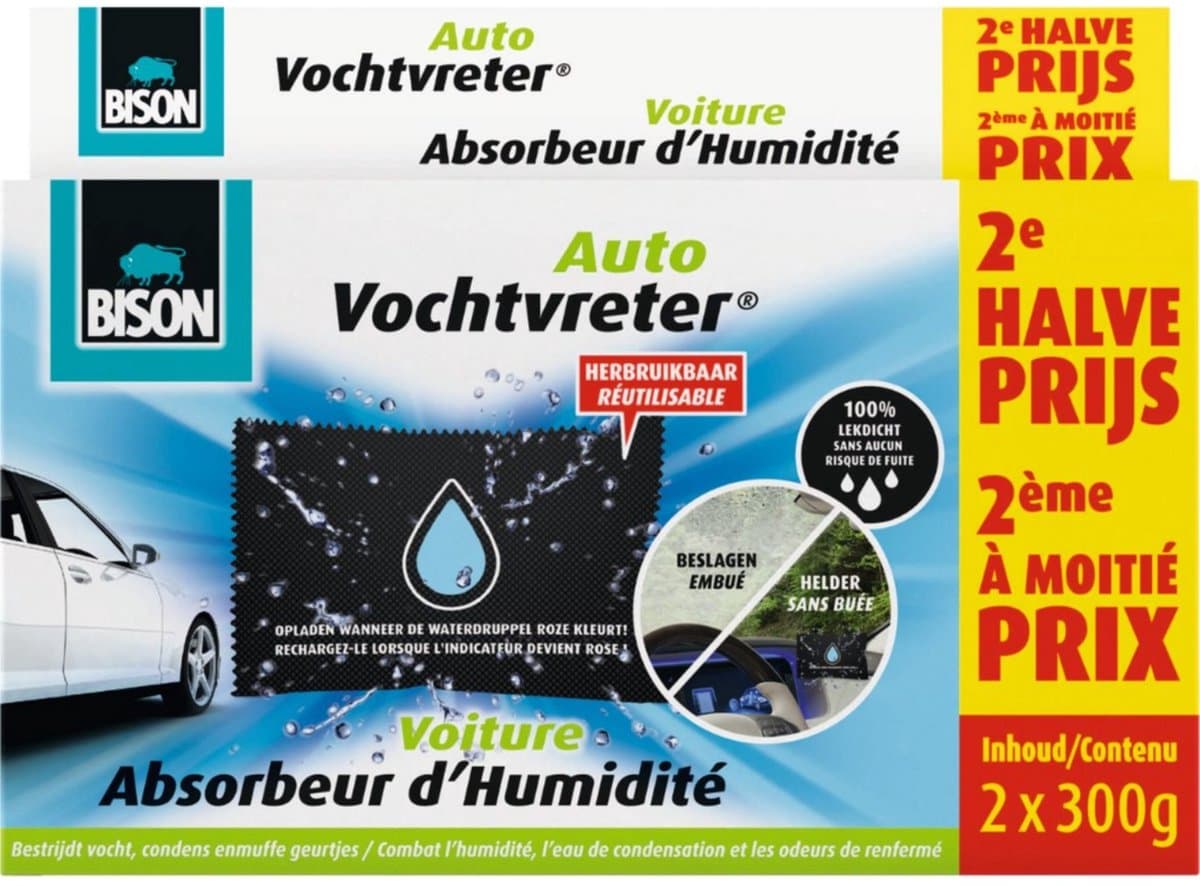 Bison Vochtvreter Auto, luchtonvochtiger speciaal voor in de auto, bestrijdt vocht en condens in auto's, herbruikbaar, 2x 300g, eenvoudig en veilig in gebruik (EAN: 8710439291864)