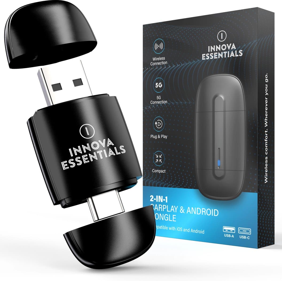 Innova® Mini 2-in-1- CarPlay Dongle & Android Auto Dongle - Geschikt voor Auto's met Apple Carplay en Android Auto Draadloos CarPlay & Android Auto - USB-A & USB-C adapter (EAN: 8720892476029): Wat het is en wat het doet