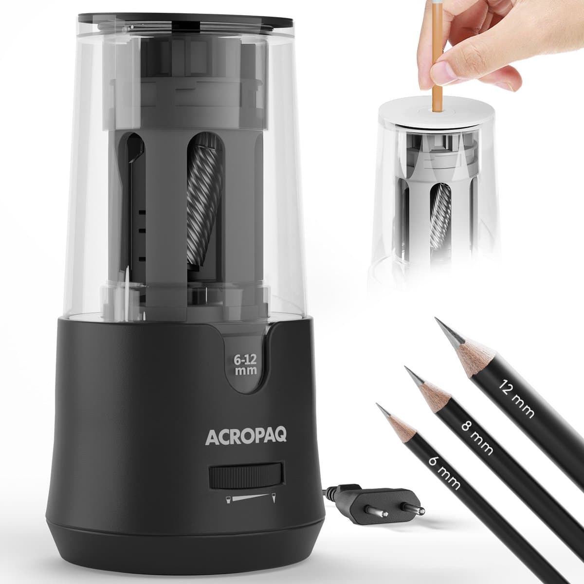 ACROPAQ Elektrische Puntenslijper Zwart - Voor potloden 6–12 mm - Automatische Puntenslijper met opvangbakje - Puntenslijper voor volwassenen - Kantoorslijper (EAN: 5400882144543)