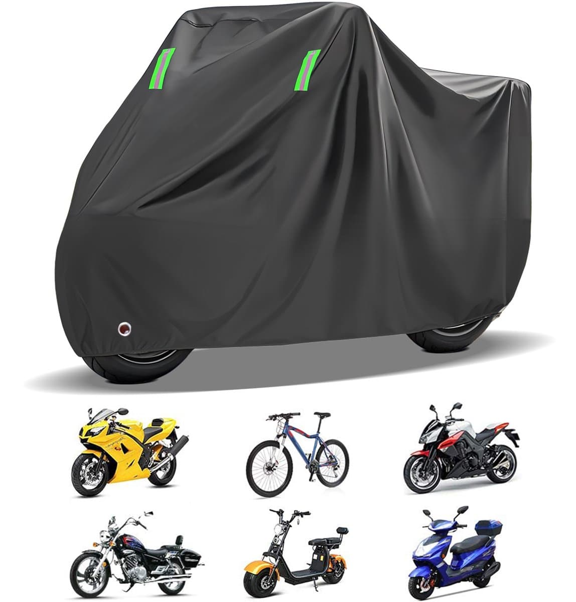 Motorhoes - Waterdichte motorhoes - Regen- en stofdichte motorbeschermhoes - Reflecterend 's nachts - UV-bescherming - 220*95*110cm - Sneeuwbescherming - Alle seizoenen - Geschikt voor bescherming van twee- en driewielige motorfietsen - Zwart (EAN...