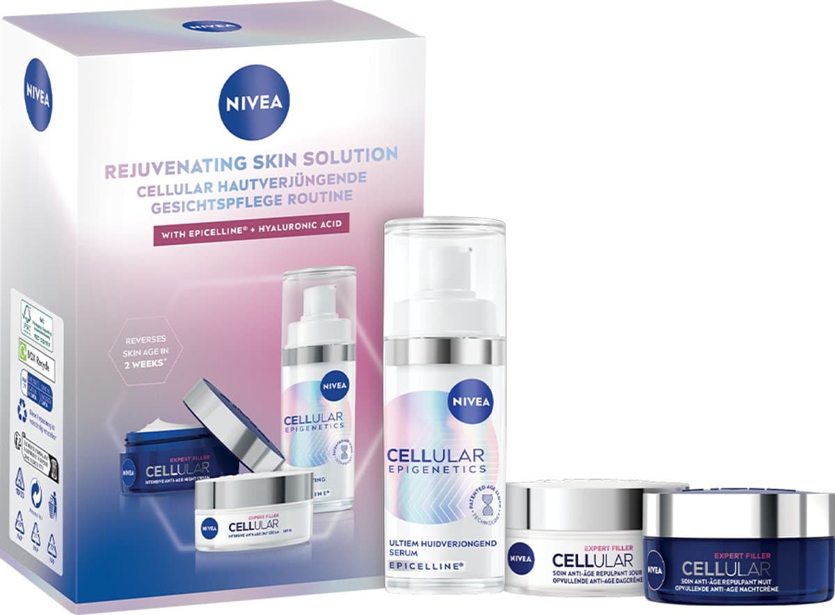 NIVEA Rejuvenating Skin Solution Geschenkset Vrouwen- Anti-Age Skincare Routine - Cadeaupakket Verjaardag Vrouw - Serum, Dagcrème & nachtcrème - Moederdag cadeautje (EAN: 4006000243245)