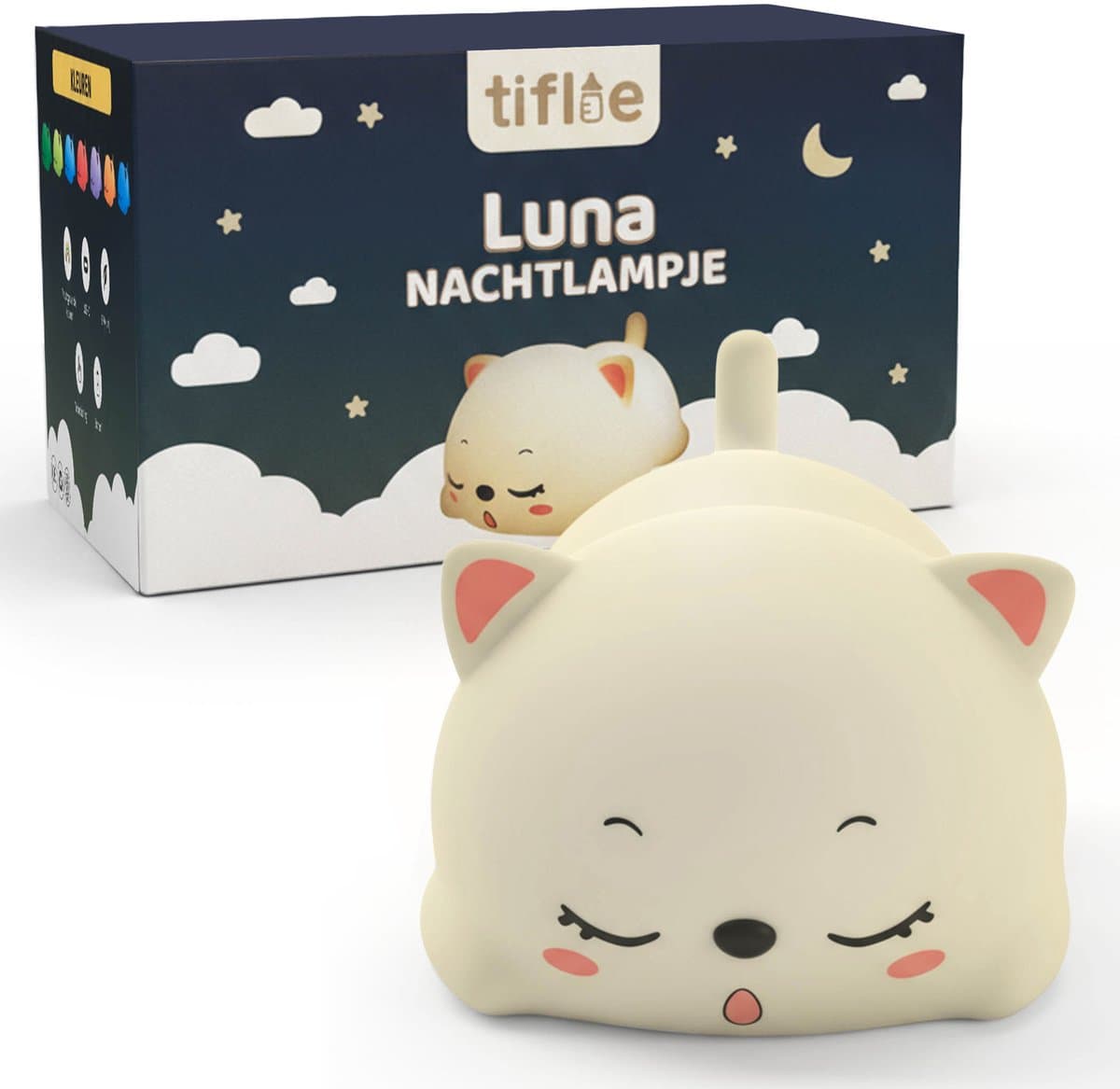 Luna Nachtlampje Kinderen Oplaadbaar – Kat Nachtlamp Baby – Siliconen Bedlampje Kind – LED Kleurveranderend – Dimbaar – Draadloos – USB-C – Kinderkamer Babykamer (EAN: 8721398259024)