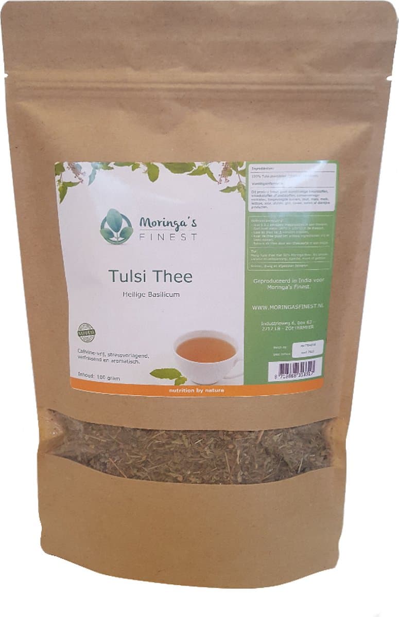 Tusli thee 150gr - Heilige basilicum thee - Ocimum sanctum Krishna - Moringa's Finest (EAN: 8718868313317): 🌱 Wat zit er nou in deze thee