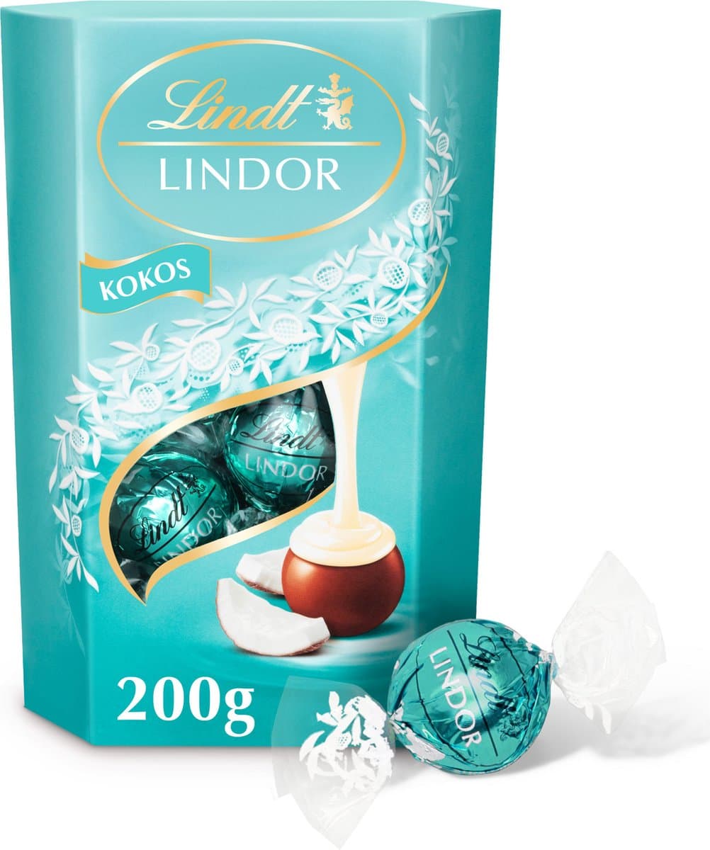 Lindt LINDOR Kokos melkchocolade bonbons 200 gram - 16 zacht smeltende chocolade bonbons - Moederdag Cadeau (EAN: 8003340097534): Eerste indruk verpakking en presentatie 📦