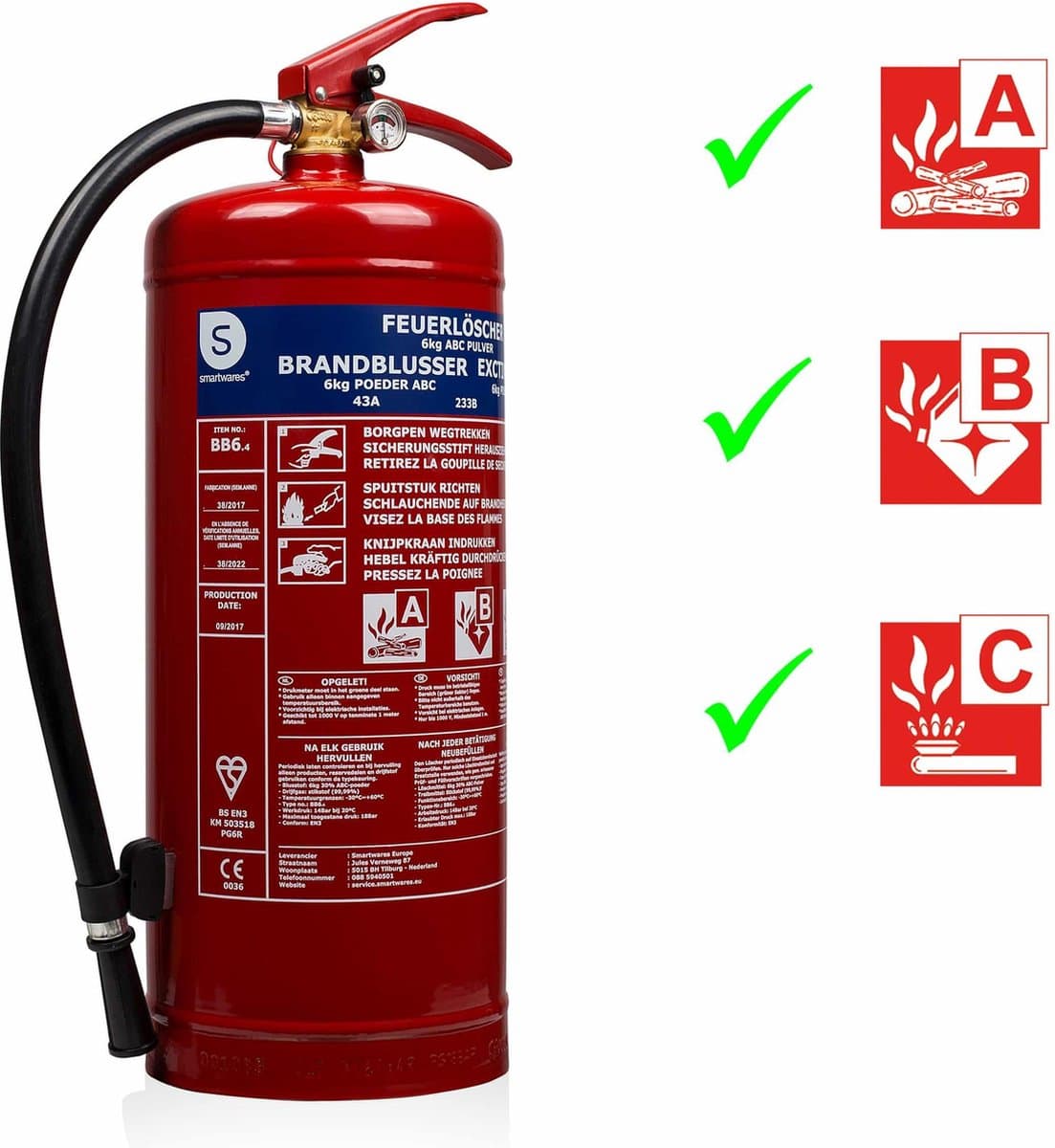 Smartwares 10.014.72 - Brandblusser Poeder 6kg - Incl ophangbeugel - Brandklasse ABC - BSI Gecertificeerd (EAN: 8711658469607)