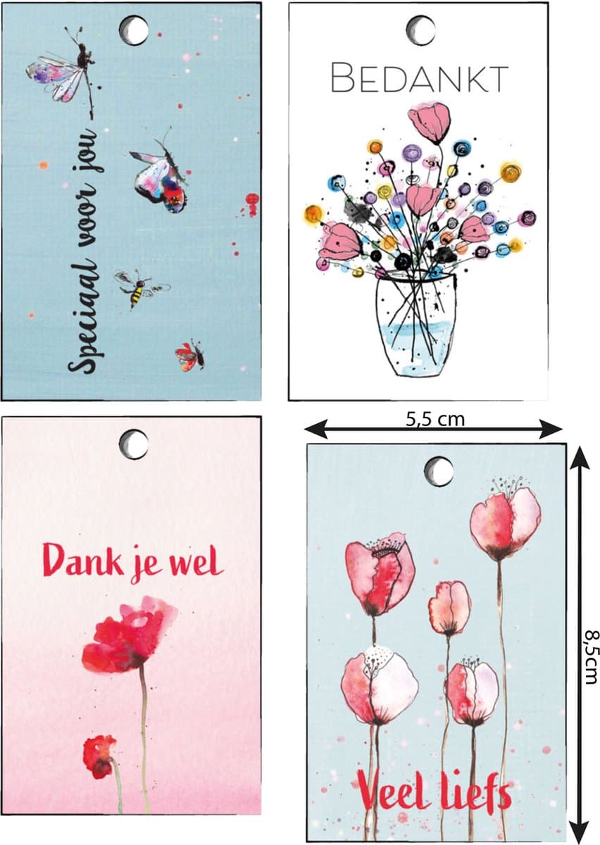 Mini cadeaukaartjes set 4 stuks – Bedankt & liefs – Cadeaulabels met gaatje – 5,5 x 8,5 cm – Cadeau labels - mini kaartjes (EAN: 7433636220215)