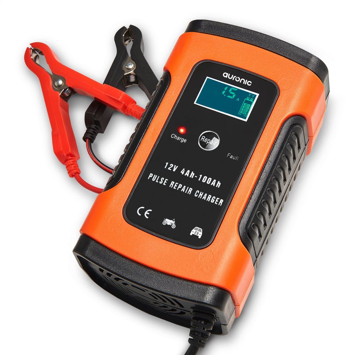 Auronic Acculader 12V voor Auto, Motor, Scooter en Meer - Met Reparatiemodus - LCD-Display - 6A - Oranje (EAN: 8720195254331)