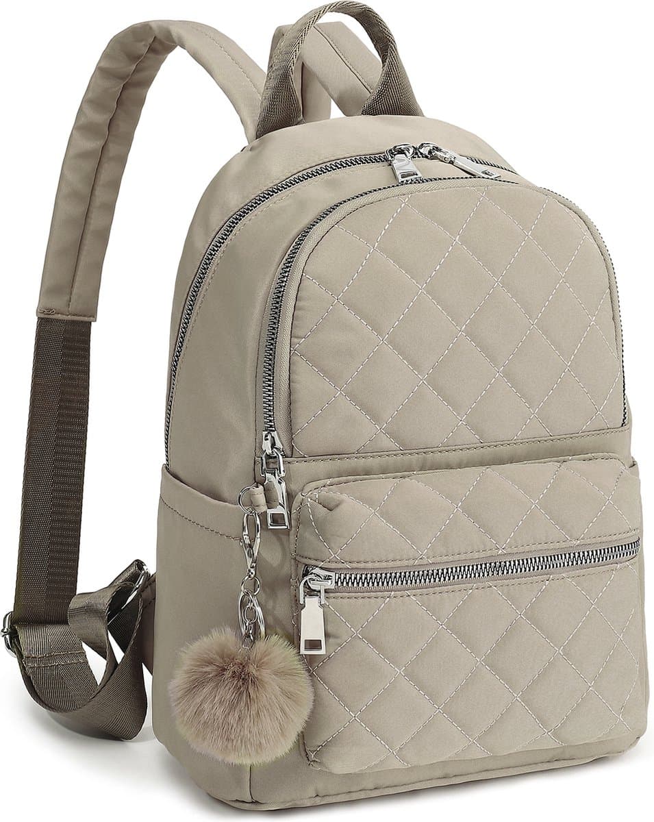 FASSIONA Rugzak Dames - Rugtas Meisje - Rugtas Dames - Mini Rugtas - City Rugzak Meisje - Pluche Bal Sleutelhanger - Nylon - Beige (EAN: 4255700163692)