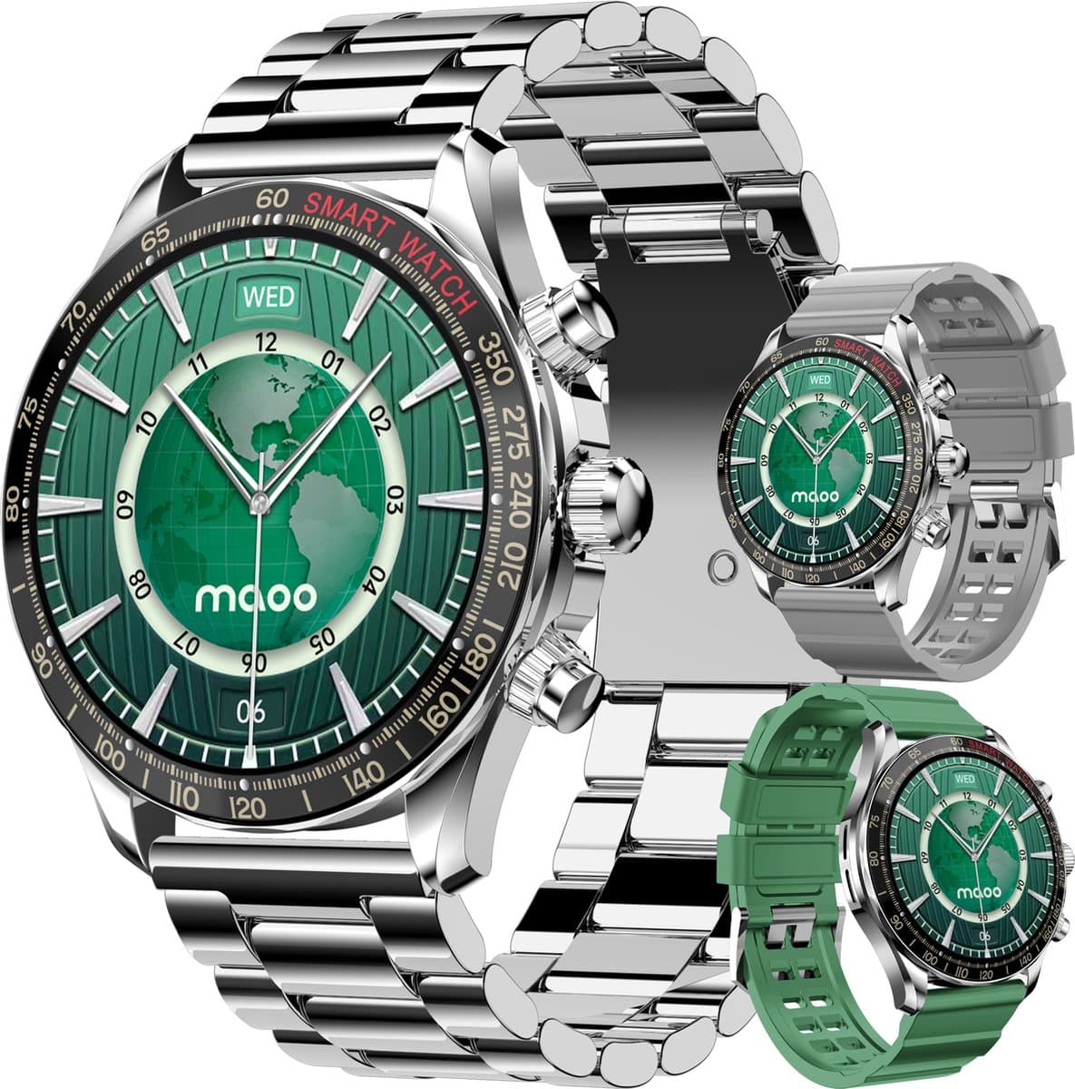 Maoo Titan AMOLED Smartwatch Heren - Stainless Steel en 2 TPU bandjes - Stappenteller - Hartslagmeter - Slaapmonitor - Multisport - Geschikt voor Android en iOS - Zilver (EAN: 8721082650076): Eerste Indruk Kwaliteit die Verrasset