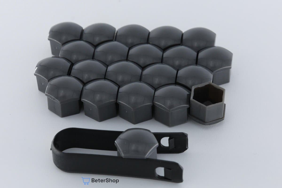 Wielmoerkapjes 19 mm - Grijs / Antraciet Glans - Kunststof - Set van 20 stuks incl. tweezer tool - Universeel (EAN: 6017115036088)