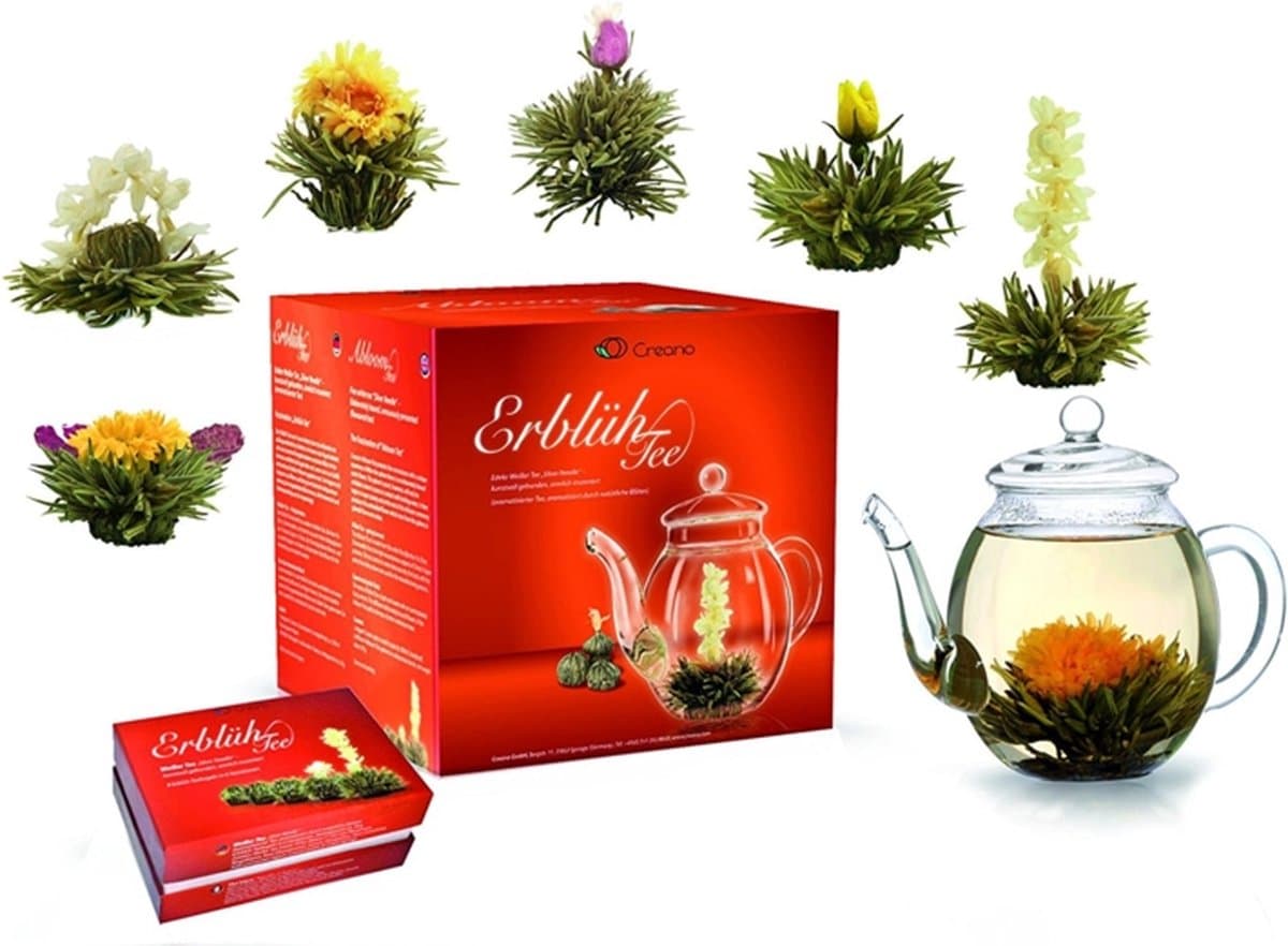 Theebloemen cadeauset - Creano Theebloemen geschenkset met glazen theekan - 6 verschillende soorten (EAN: 4260123153007): Wat zit er in de set
