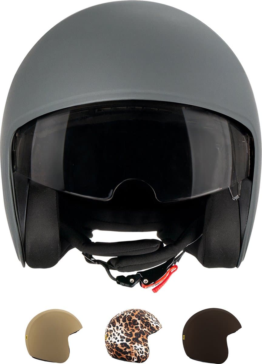 TOF BASE HELM 1.0 - Geschikt voor verwisselbare TOF SKIN - Scooter helm - Brommer helm - Motor helm - Jethelm - Fashionhelm - Retro helm - Goedgekeurde helm - Geïntegreerd zonnevizier (EAN: 8720865663029)