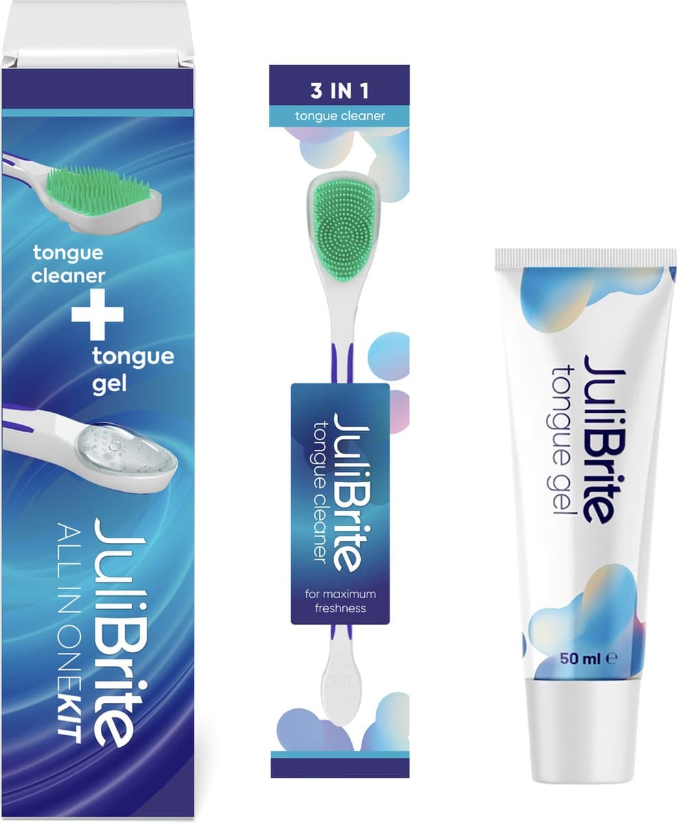 JuliBrite® Tongreiniger en Tong Gel (50ML) - 3 in 1 Tongschraper - Reinigt Witte Tong Aanslag - Tegen Slechte Adem - Halitose & Beslagen Tong: Waarom een tongschraper in je badkamerkastje hoort