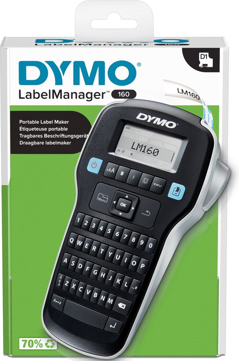 DYMO LabelManager 160-labelmaker | Draagbare labelprinter met QWERTY-toetsenbord | Inclusief zwart-wit D1-etiketten (12 mm) | Voor thuis en op kantoor (EAN: 5053252175557)