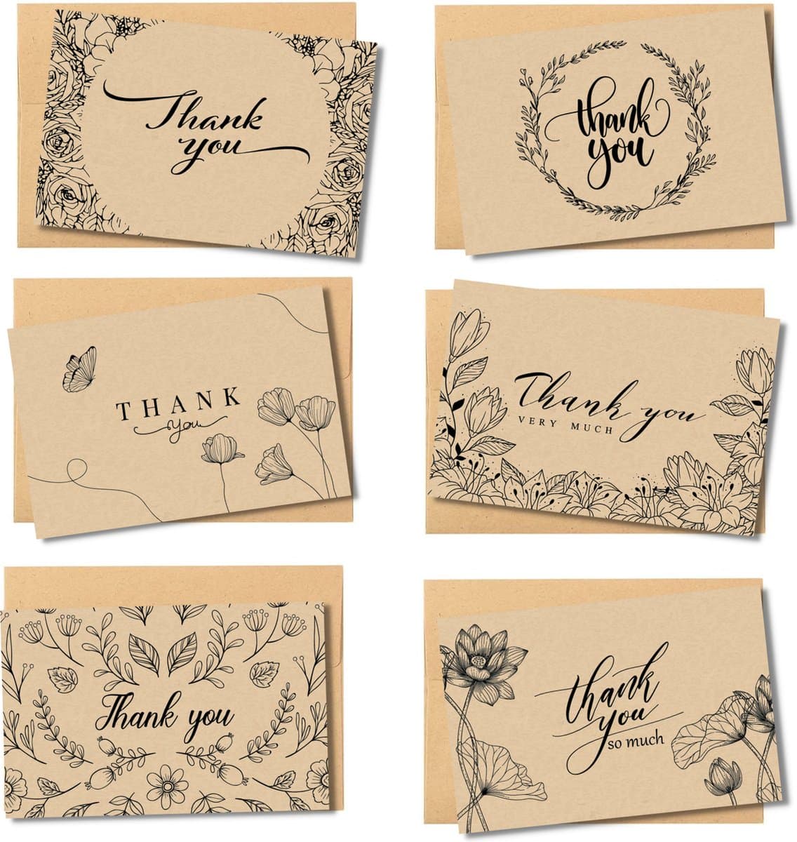 Partizzle 36x Kraft Bedankt Kaartjes Set - Thank You Cards - Wenskaarten - Ansichtkaarten - Kaarten met Enveloppen - 15x10 cm (EAN: 8720618046048): 📦 Wat maakt deze set zo bijzonder