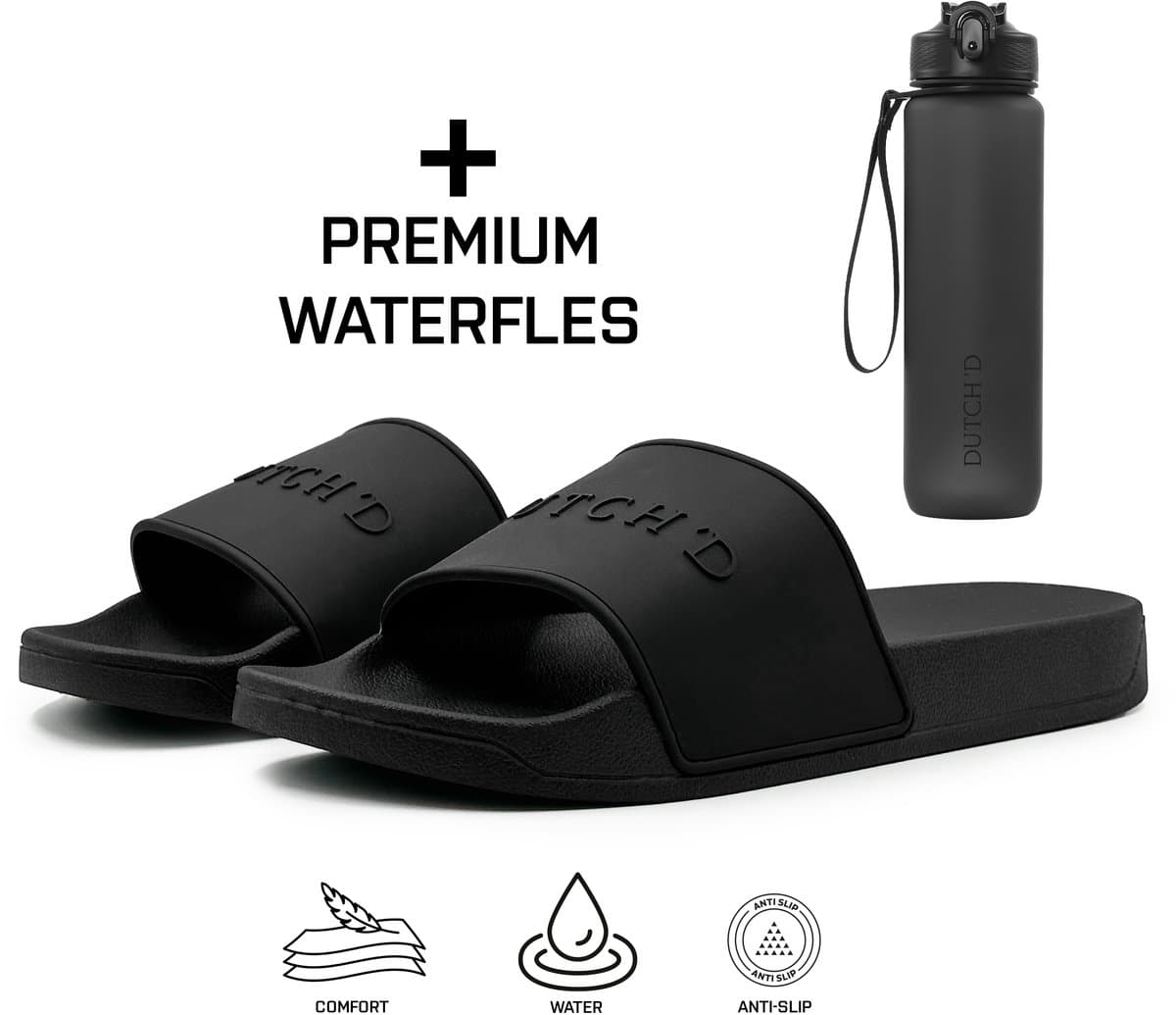 Dutch'D ® Rubberen slipper + Handige Waterfles! - Zwart - Maat 43/44 - anti slip - Comfortabel - Dubbele maten - unisex - Heren Badslippers - Slippers - Badslippers (EAN: 4903462630487)