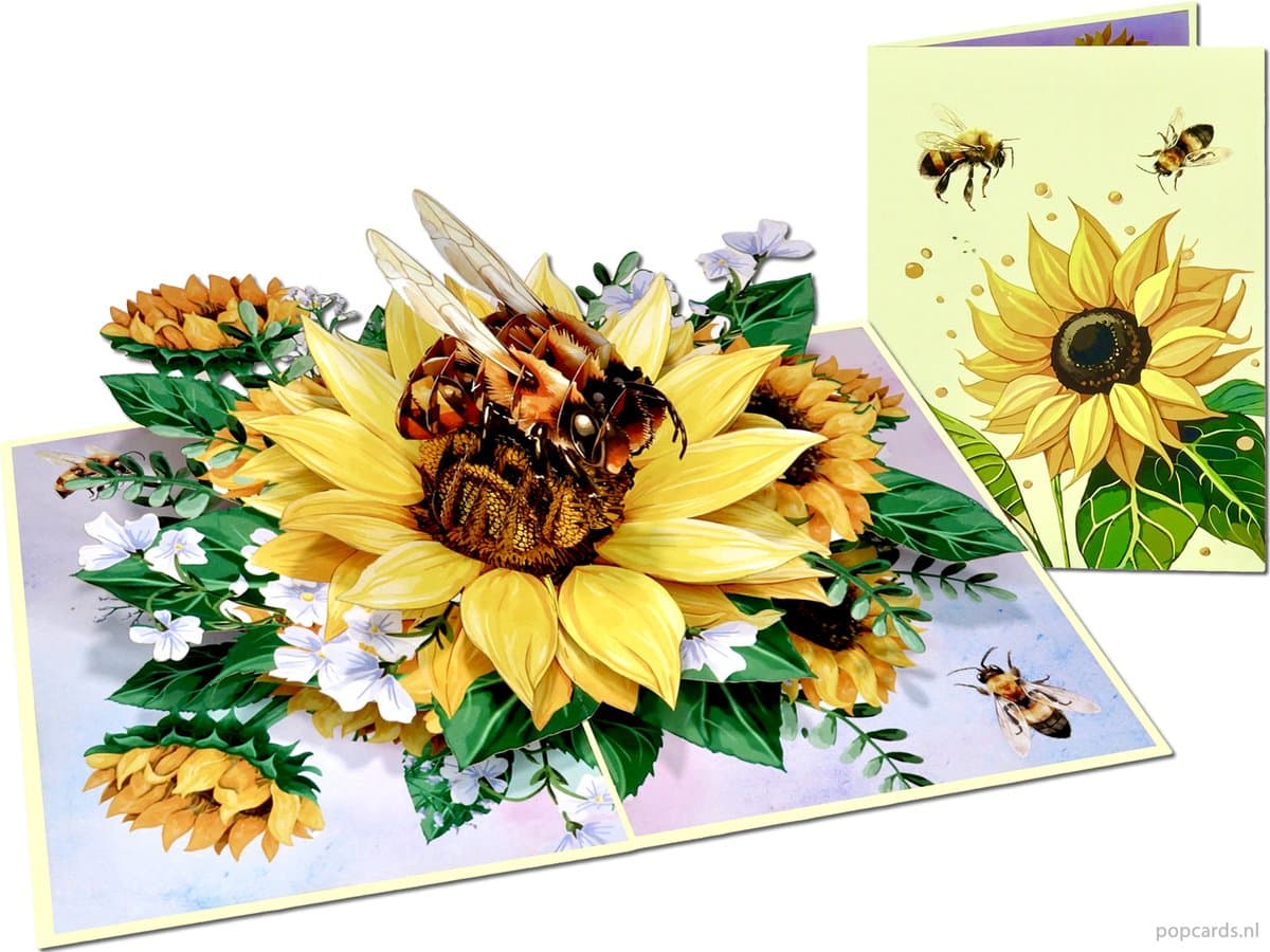 Popcards.nl pop-up kaart - Schitterende Geel Zwarte Bij op Zonnebloem Bestuiving Honingbij Natuur Natuurmonumenten GroenLinks PVDD Wenskaart 3D kaart (EAN: 4805388553690)