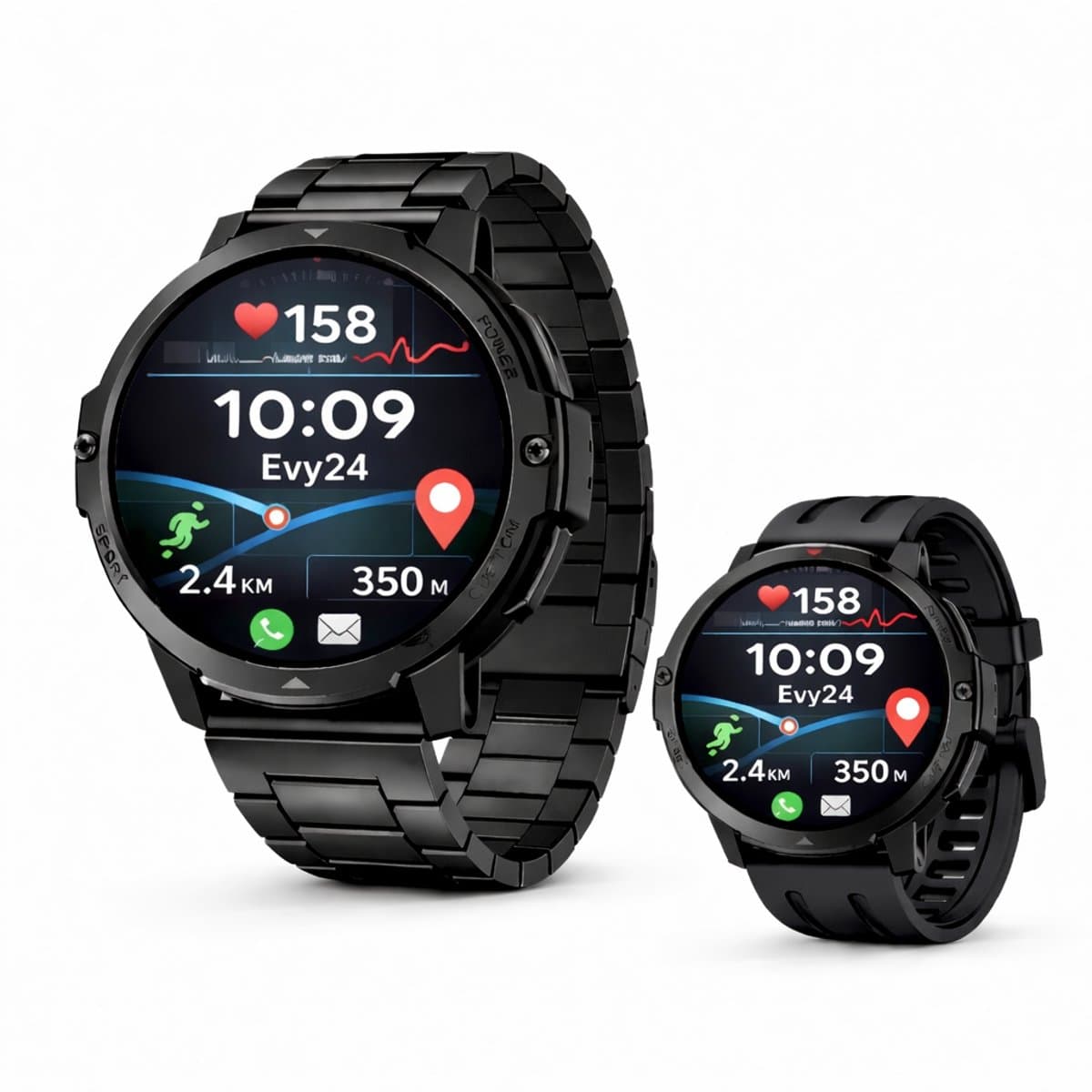 Evy24 Smartwatch GPS 48mm - Sporthorloge Heren en Dames - Belfunctie - Waterdicht - Hartslagmeter - Stappenteller - 2 Bandjes - iOS en Android - Zwart (EAN: 8720828483886)