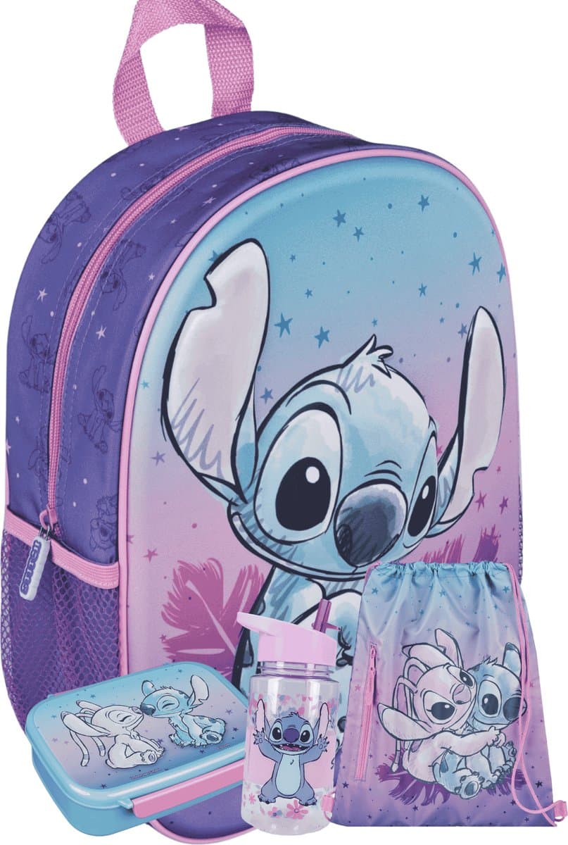 Disney Stitch 3D Schoolset Meisjes – 4 Delig – Rugzak, Lunchbox, Drinkfles & Gymtas – Paars (EAN: 8721516473240): **Mijn Eerste Indruk Een Knuffel in Rugzakvorm 🧸💜**