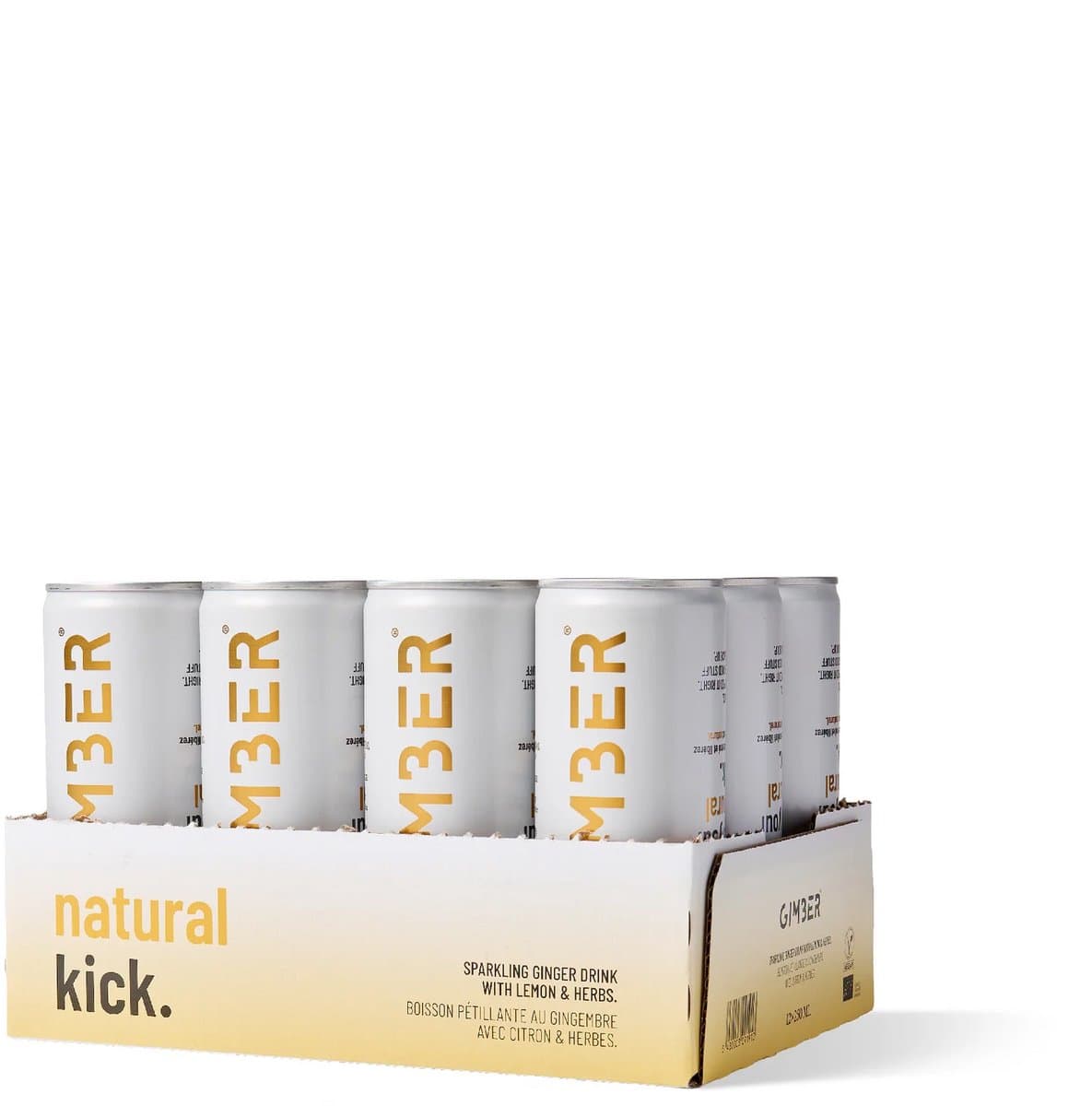 Gimber Tray 12 x 250ml - 3 liter - GIMBER Ready To Drink - 12 blikjes RTD biologische & sprankelende gemberdrank met citroen, kruiden & specerijen volgens het perfect gemengde recept (EAN: 5430003091913)