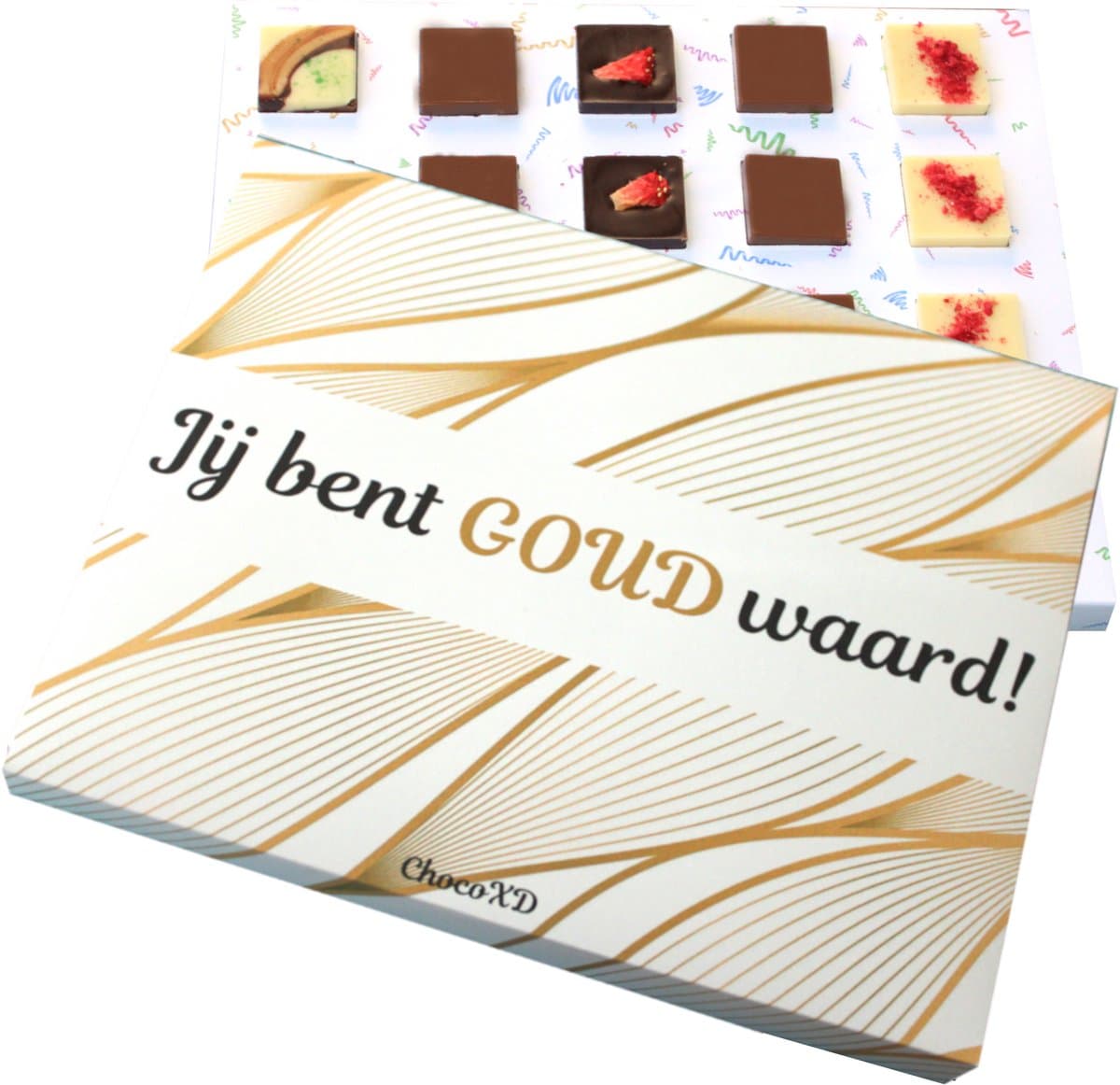 Chocoladegeschenk - Jij bent goud waard kado - Fairtrade Chocoladecadeau - Dag van de zorg Brievenbuspakket - Handgemaakte chocolade - Chocolate gift (EAN: 8720865968711): Wat zit er in de doos
