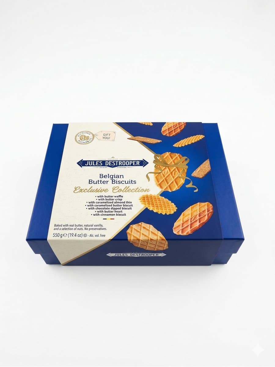 Jules Destrooper Koffie Koekjes in Geschenkverpakking 550g - Koekjesmix van Natuurboterwafels, Fijne Amandelkoekjes Parijse Wafels en Natuurboterwafels met Karamel voor bij de koffie - Belgian Butter Biscuits Jules Exclusive Collection (EAN: 54104...