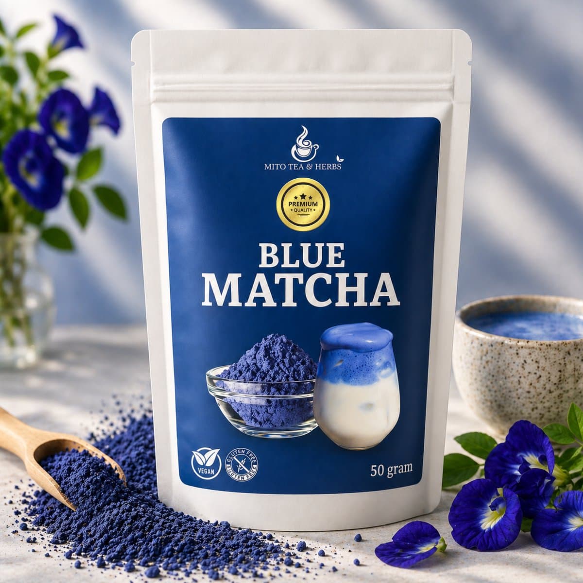Mito Tea & Herbs Blue Matcha - vlindererwt poeder voor latte - 50 gram (EAN: 8720865386454)