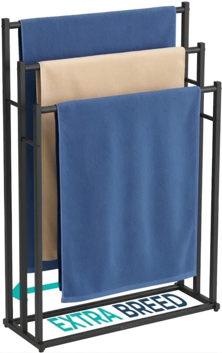 BUDDLEY Handdoekrek - 3 Armen - Extra Breed - Badkamer - Handdoekenrek - Handdoek Rek - Staand - Handoekrek - Handoekenrek - Vrijstaand - Zonder boren - Zwart (EAN: 8721055980476): Geen boormachine Geen probleem! 🛠️