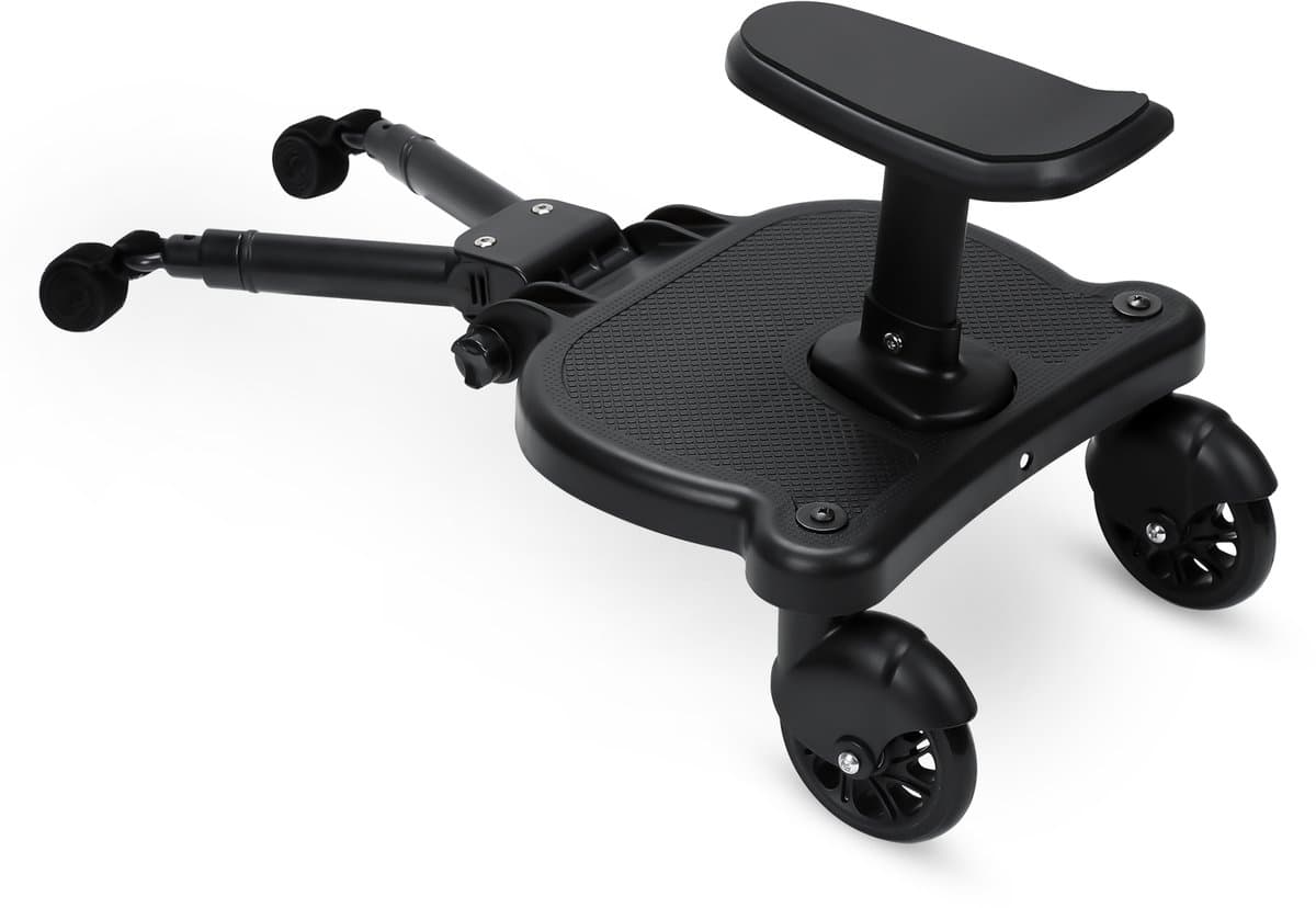 Meerijdplankje Universeel - Meerijdplankje met zitje voor aan de kinderwagen of buggy - Dubbele stevige wielen - Extra stabiel - Verstelbaar - Zwart (EAN: 9460564611820)
