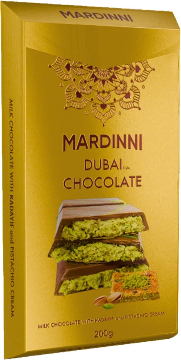 Mardinni Dubai Chocolade Pistache Dubai Reep Kunafah Melk 200 gram Luxe Verpakking Chocolade Cadeau (EAN: 4262506940006): Eerste indruk luxe verpakt, luxe smaak